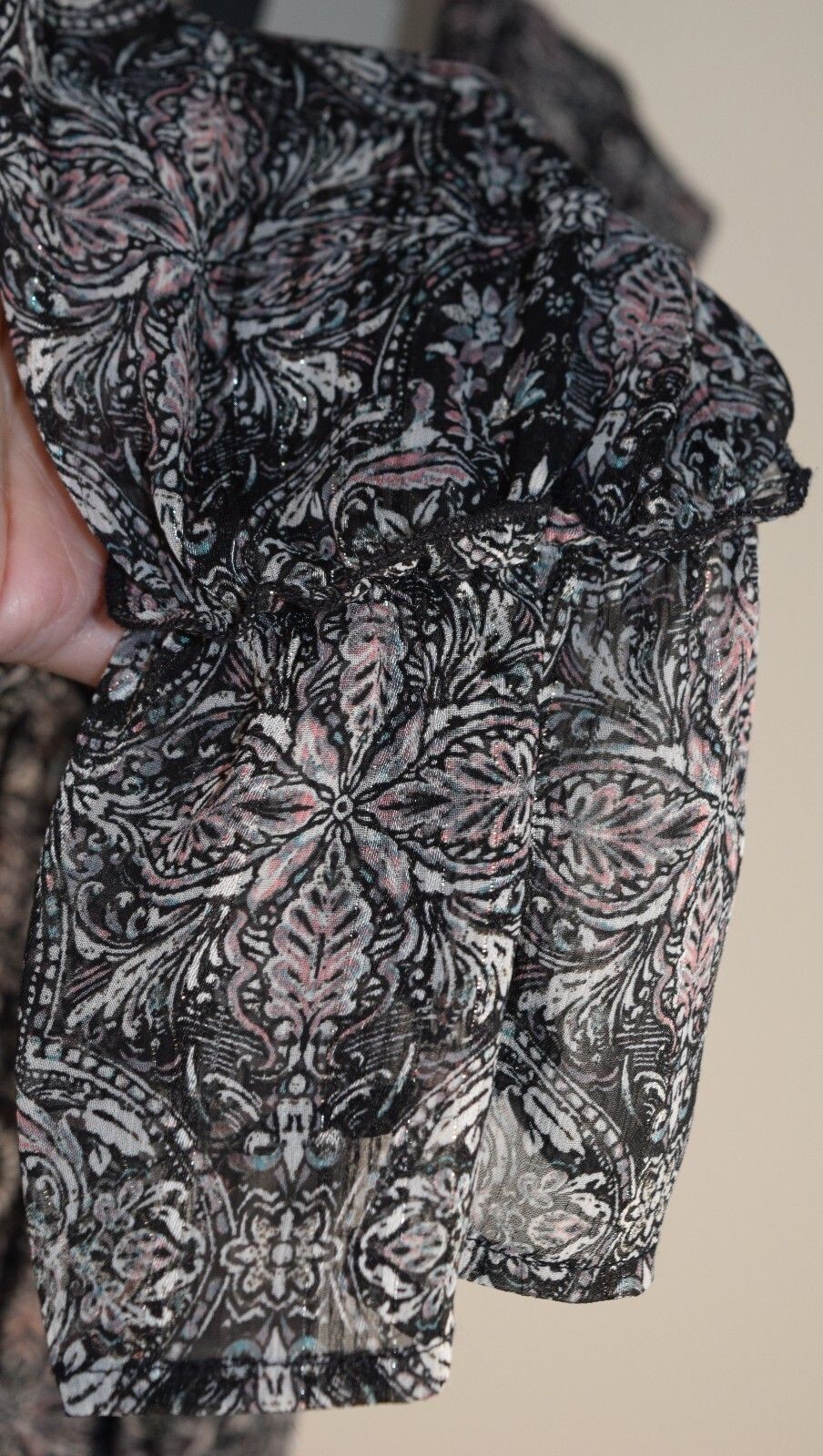 Knox Rose Black Paisley Peasant Blouse Size XL Boho Sheer Long Sleeve Scoop Neck