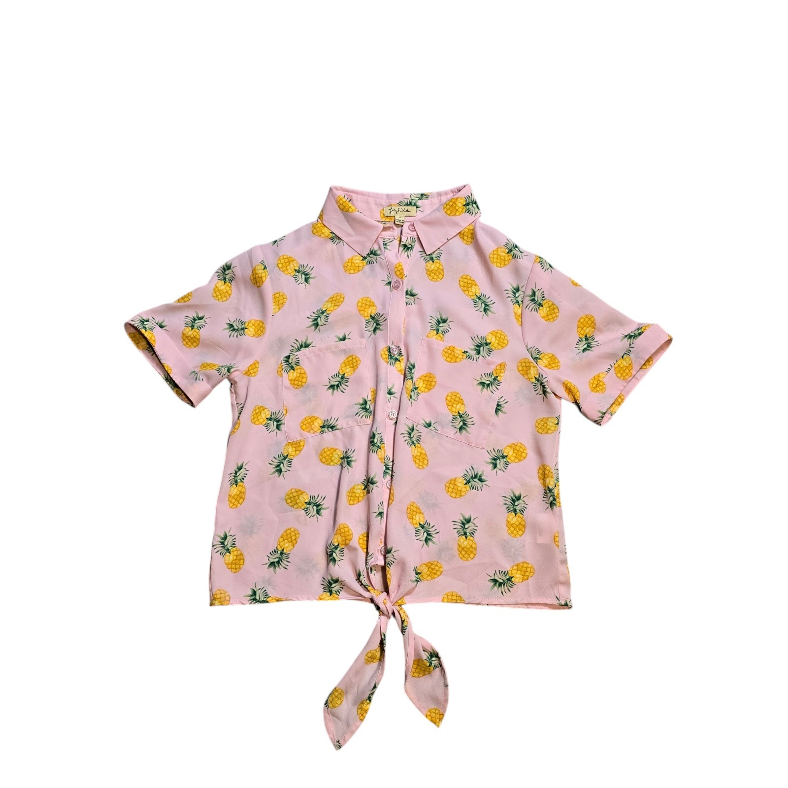 Lily White Women’s Short Sleeve Sheer Pink Pineapple Pattern Front Tie Button Up