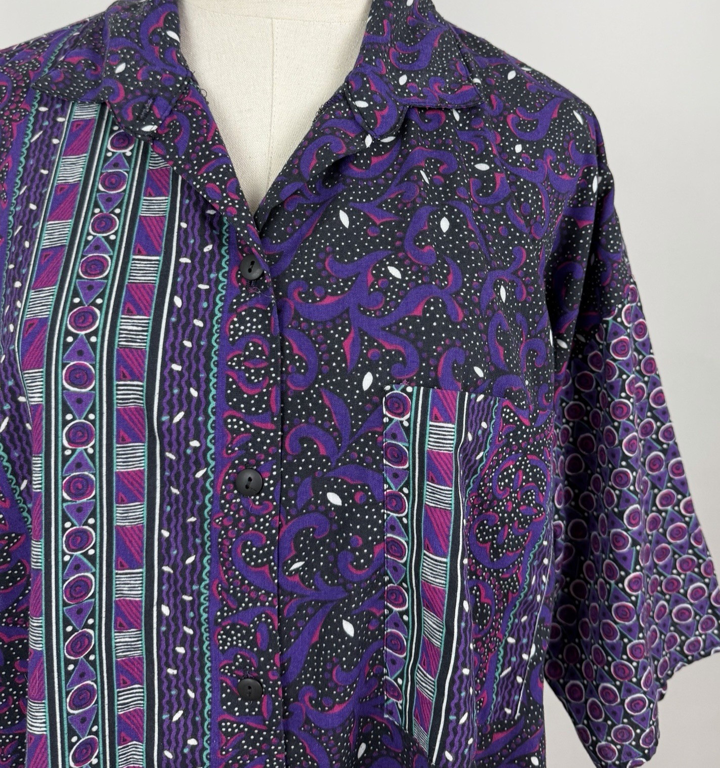 Vintage 80s Shirt Womens XL Purple Geometric Mixed Print Dark Jewel Tone Art