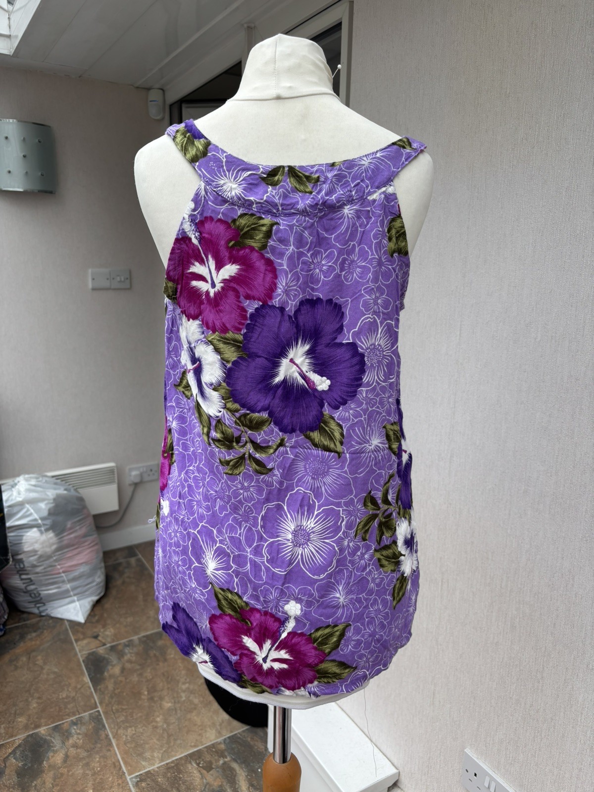 Vintage Aloha Fashion Hawaiian Hibiscus Tank Top Purple Rayon Boho UK L Y2K
