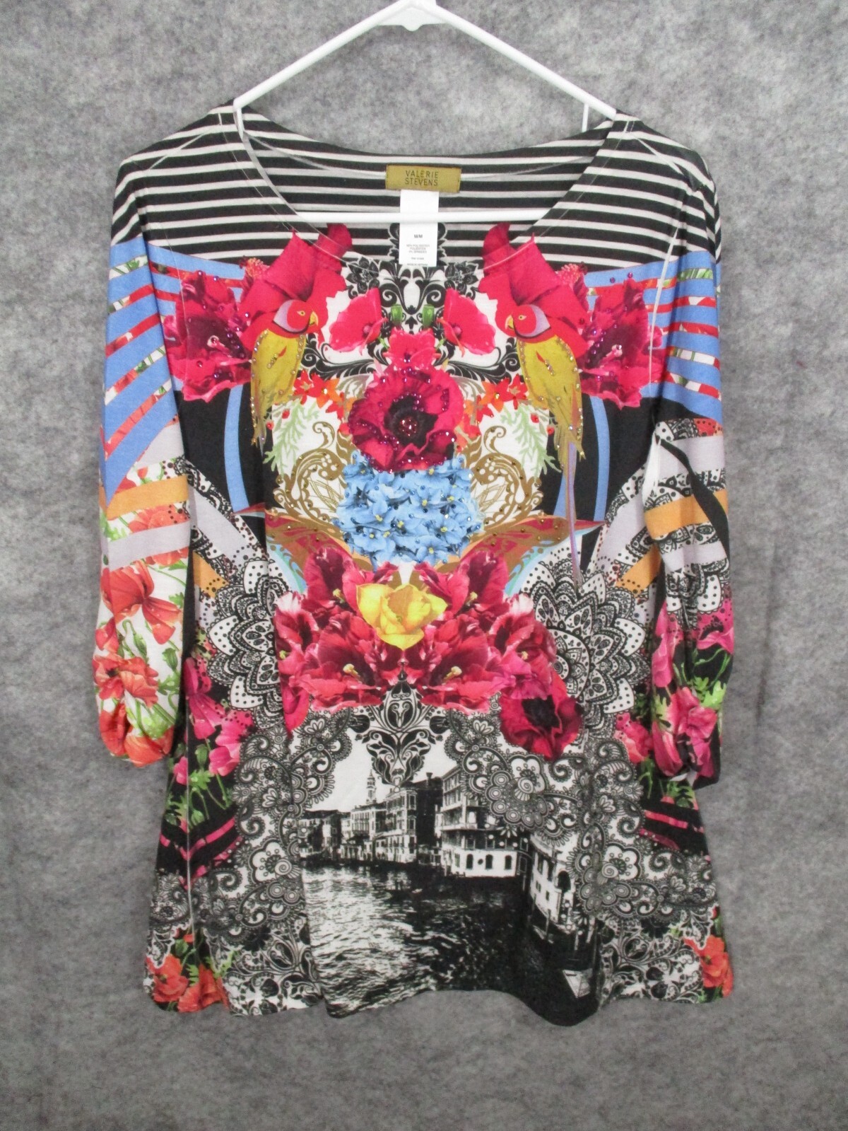 Valerie Stevens Women’s Top Medium Flowy Scoop Neck Striped Floral Stretch Black