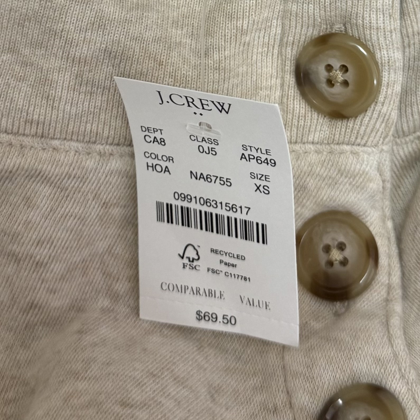 J Crew Top Womens XS Oatmeal Button Mock Neck High Low Knit Popover Shirt