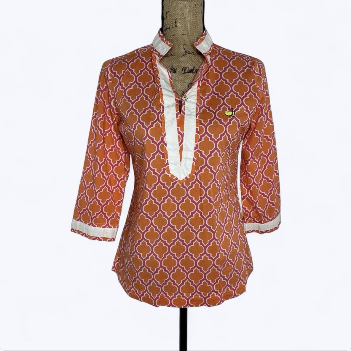 Magnolia Lane Masters Collection Tunic Top Sz XS Orange Geometric Golf Preppy