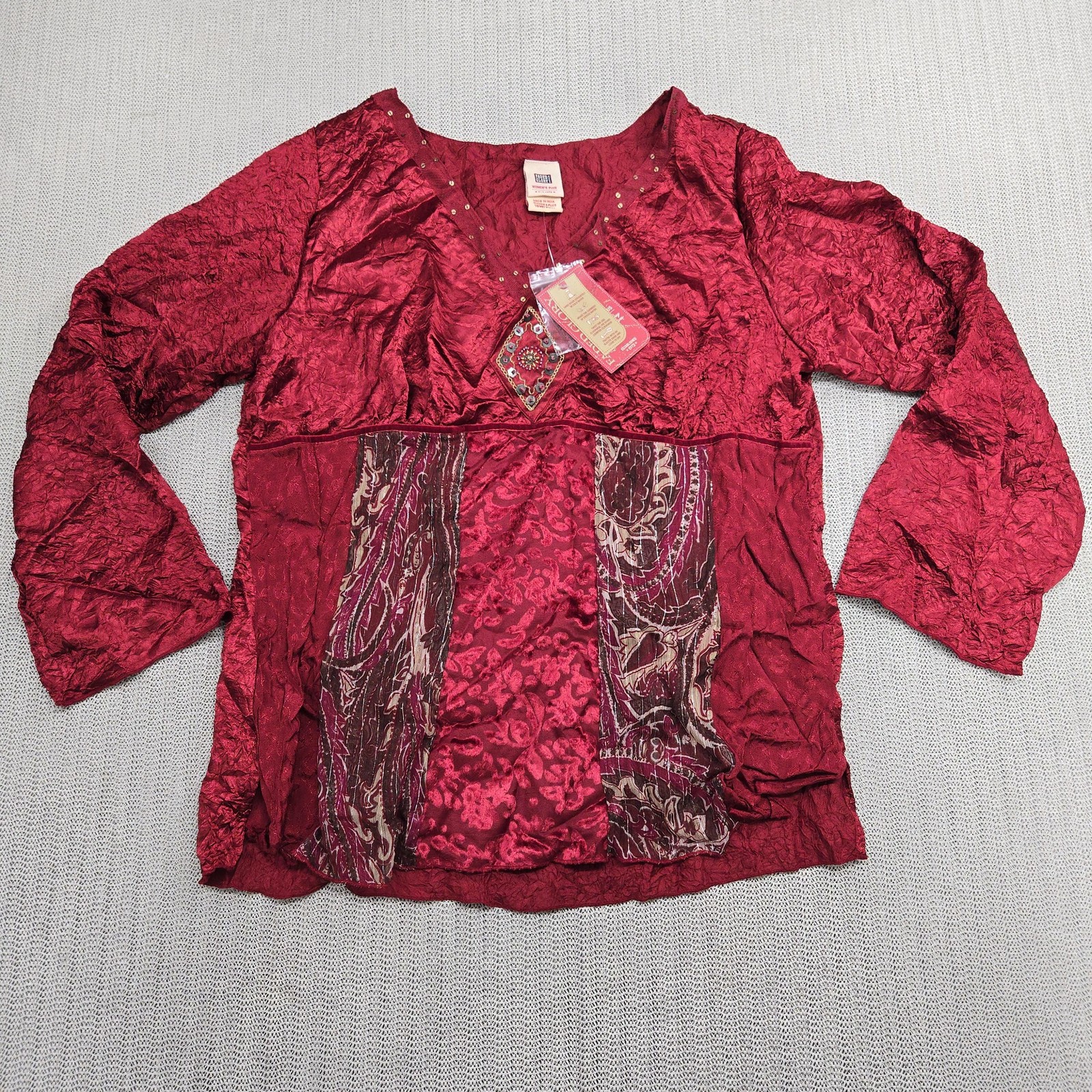 Faded Glory Shirt Womens Plus 18W 20W Red Boho Crinkle Tunic Blouse Embellished