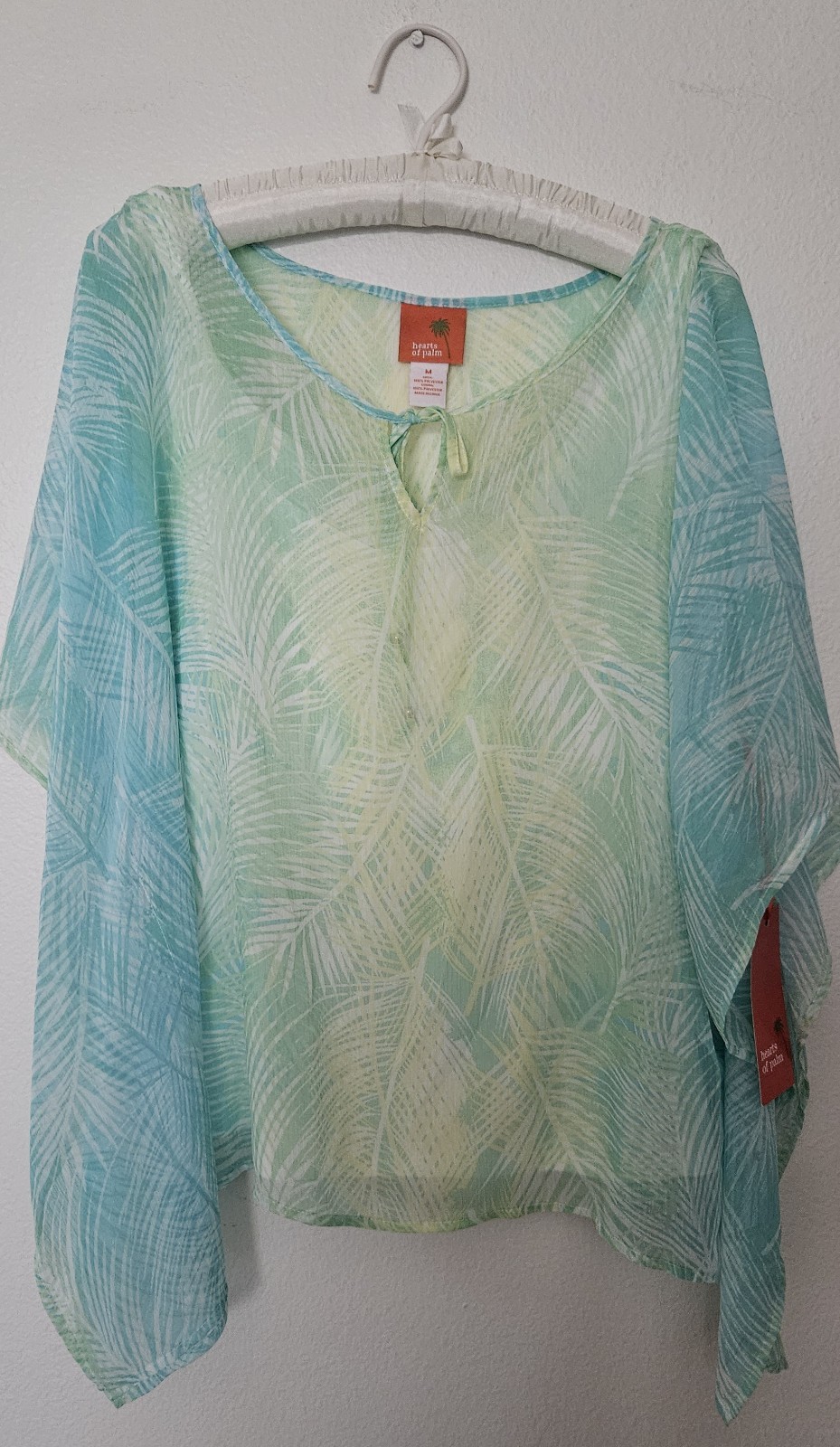 kaftan top Women’s Size Med, Sheer With Attached Cami, Blues/greens/white, New