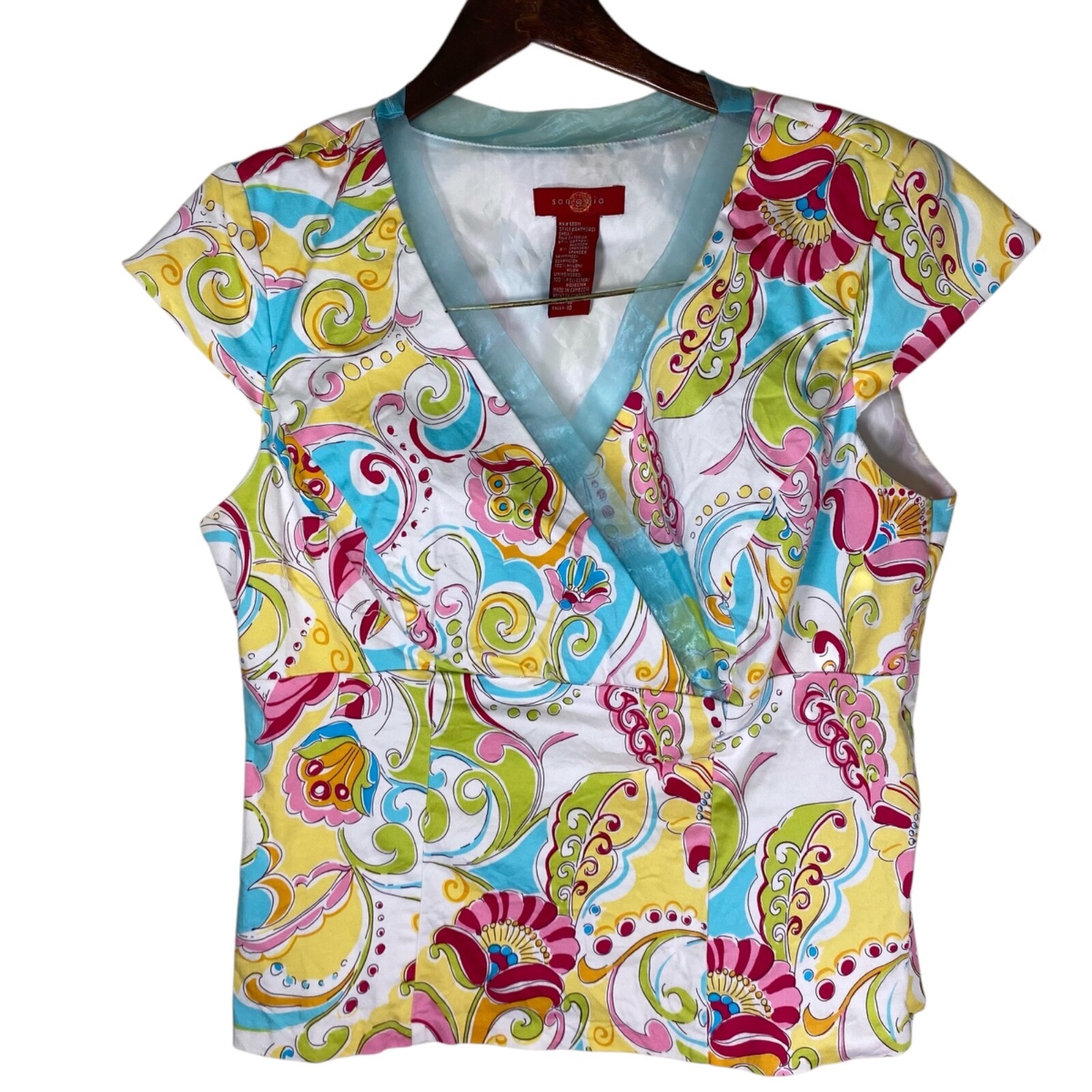 Sangria Womens Top Size 10 Multi Color Floral Lined Cap Sleeve Side Zip Closure