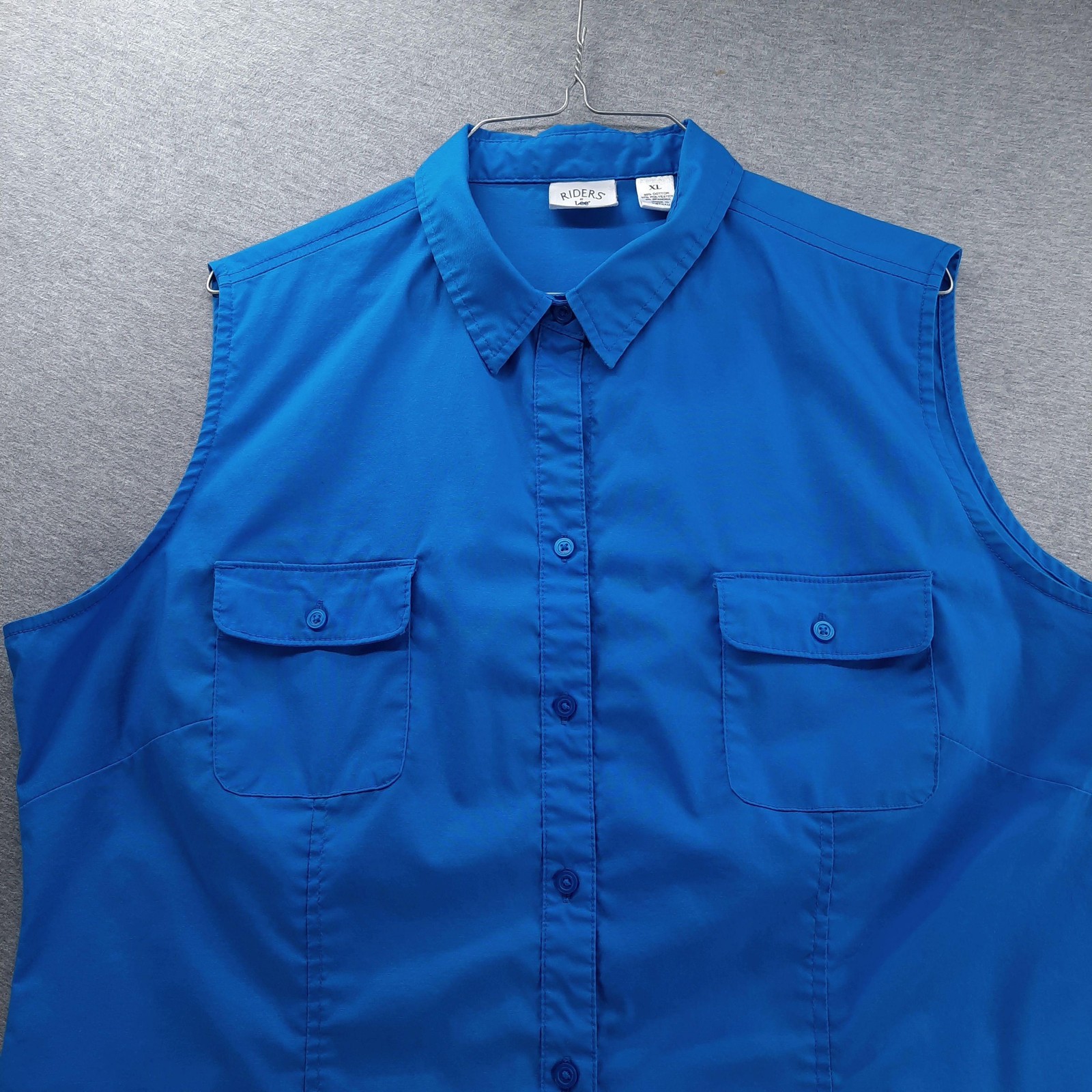 Riders By Lee Shirt Womens XL Blue Solid Sleeveless Button Front Easy Care
