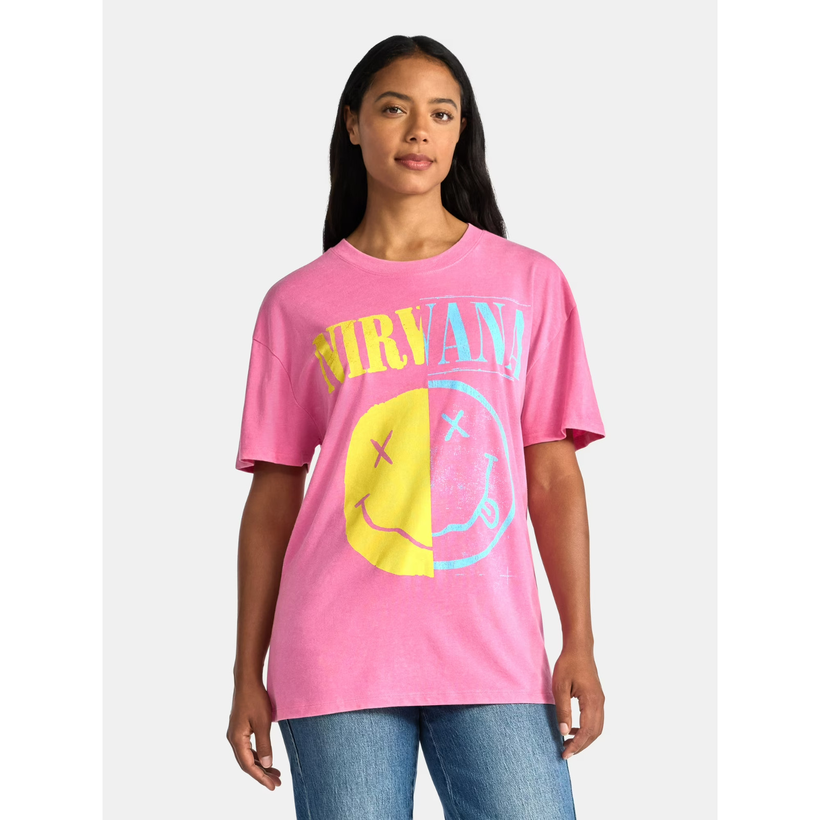 Nirvana Women’s Short-Sleeve Front Back Graphic Band Tee (Pink, XS-2XL)