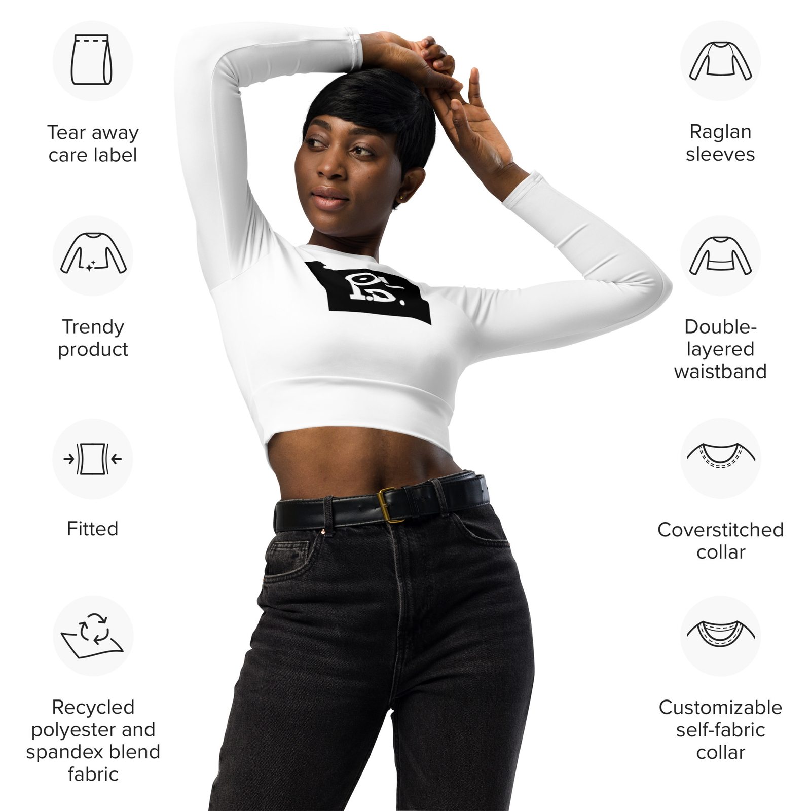 Women’s Long Sleeve Crop Top | White w/ Black Logo | UPF 50+ | Sizes 2XS-6XL