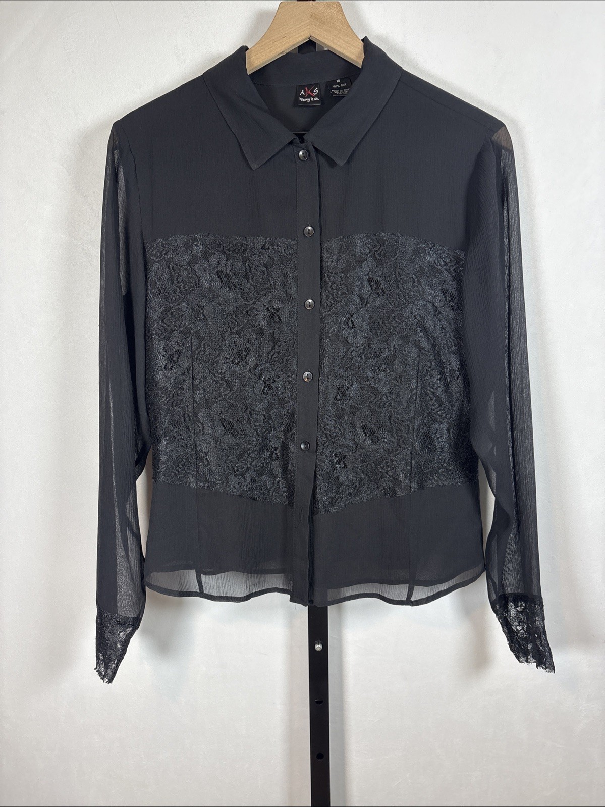 Vintage AKS Amy K Su Black Silk Blouse Womens 10 Sheer Lace Top Whimsigoth 90s
