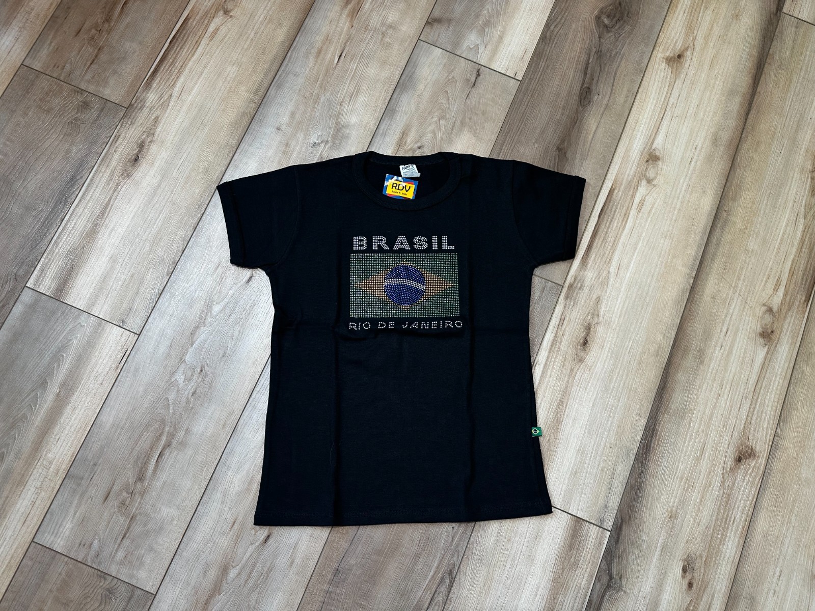 Brazil Rio de Janeiro Rhinestone Tee Shirt Black Fitted Stretch Top Made In Braz