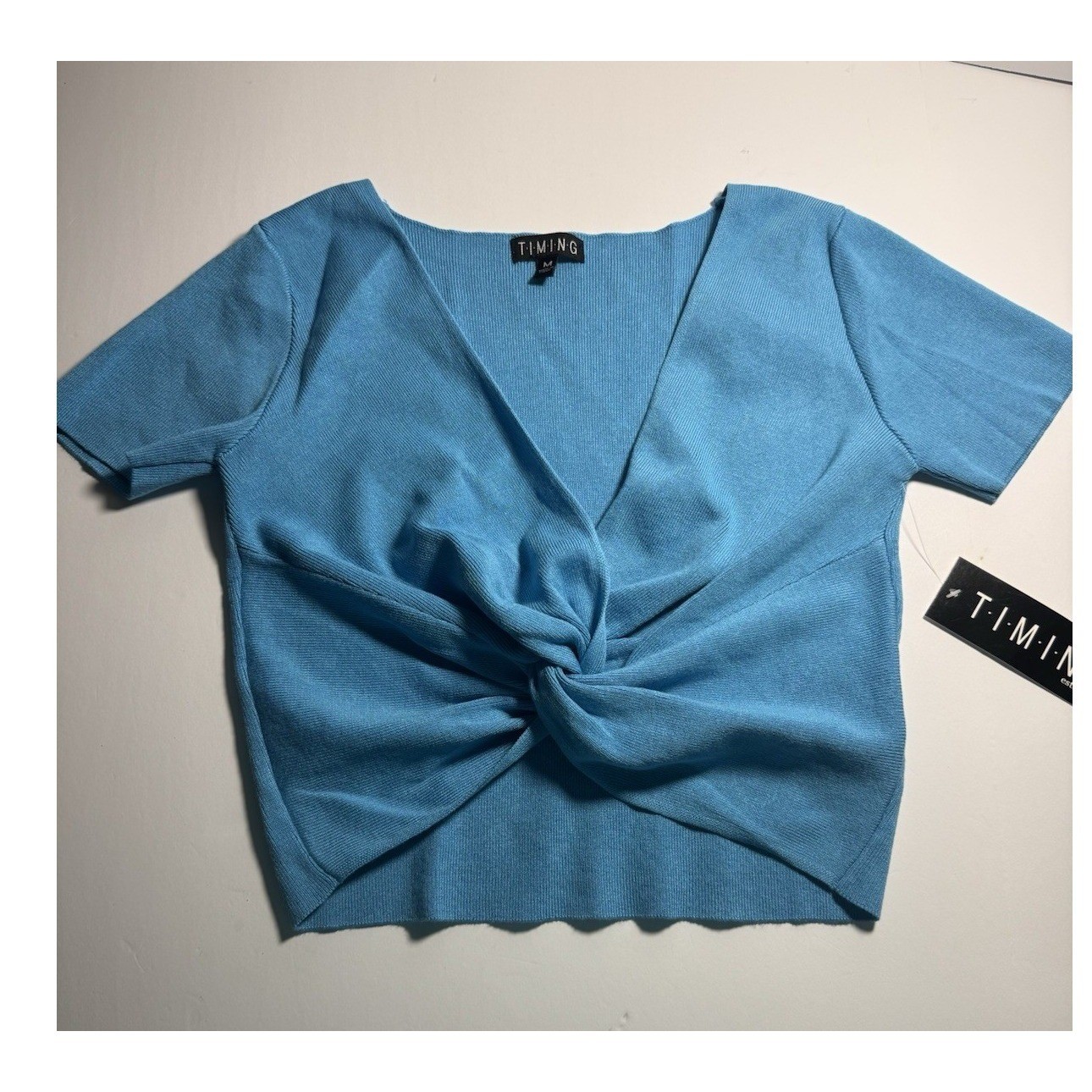Timing Blue Ribbed Twist Front V-Neck Short Sleeve Crop Top Womens M Summer Tee