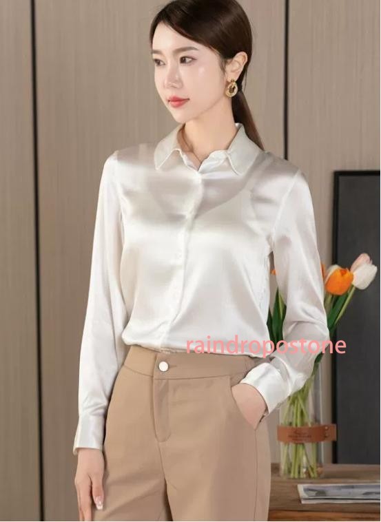 Imitated Silk Satin Long Sleeve Button Down V Neck Workwear Blouse Top Shirts