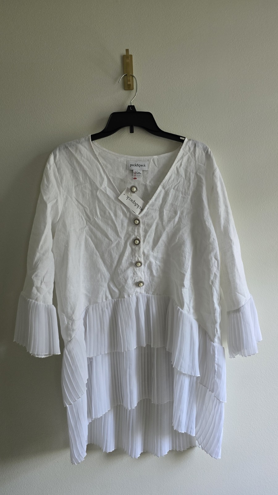 Peck & Peck White Linen Blend Top L NWT Boho Tiered Pleated Bell Sleeve Blouse