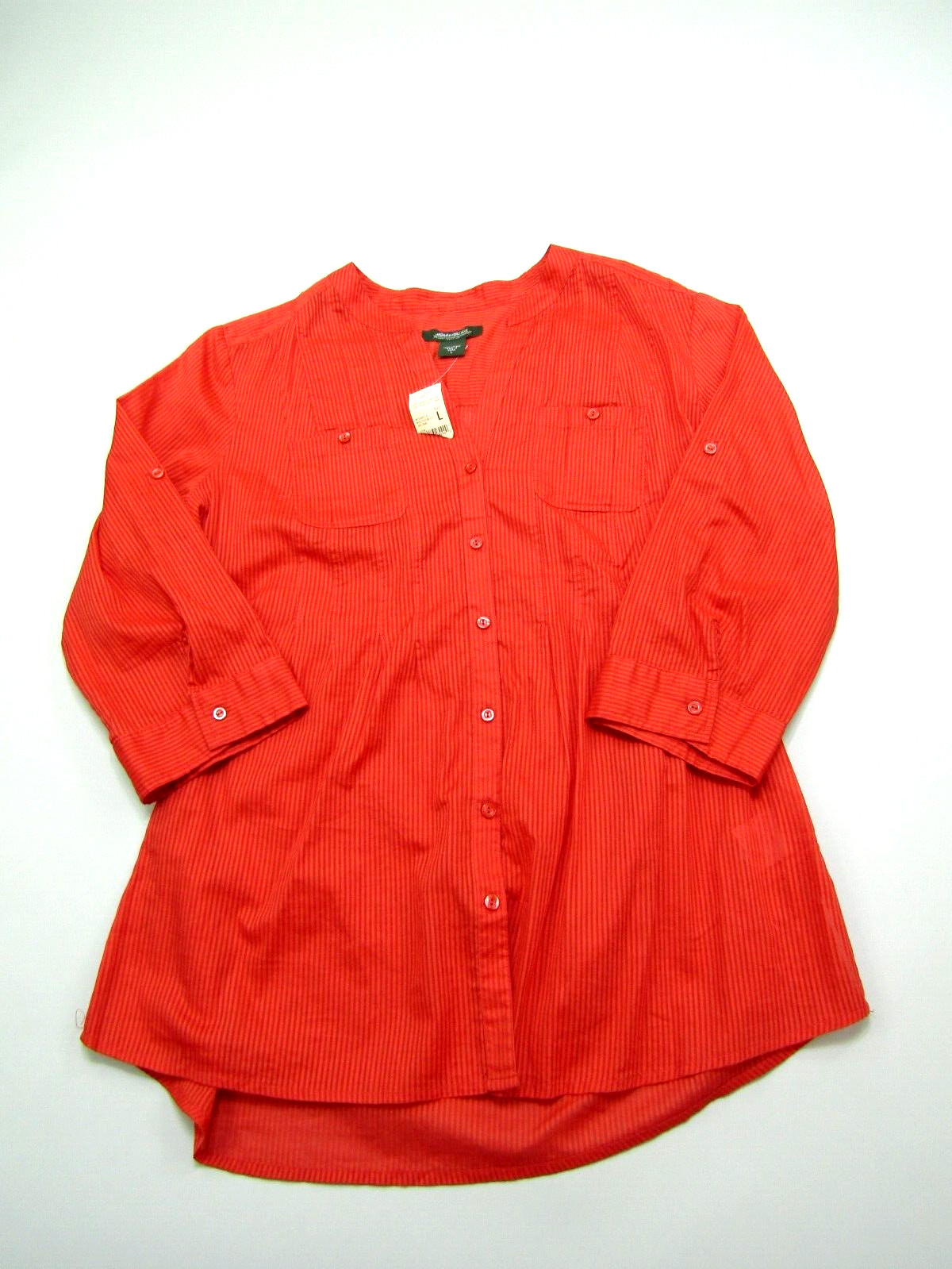 Eddie Bauer Blouse Womens Large Dark Coral Button Up Striped Outdoors Casual NWT