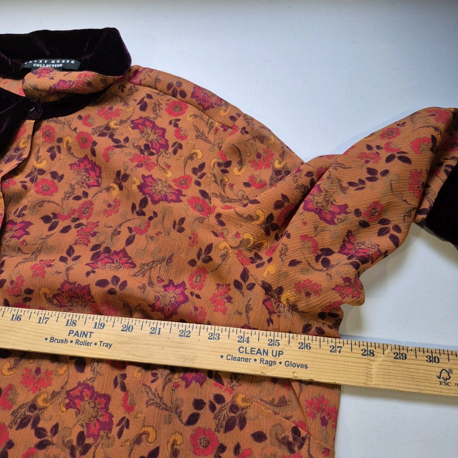 Vtg Crazy Horse Top Womens 24W Orange Purple Floral Sheer Velvet Trim Fall 90s