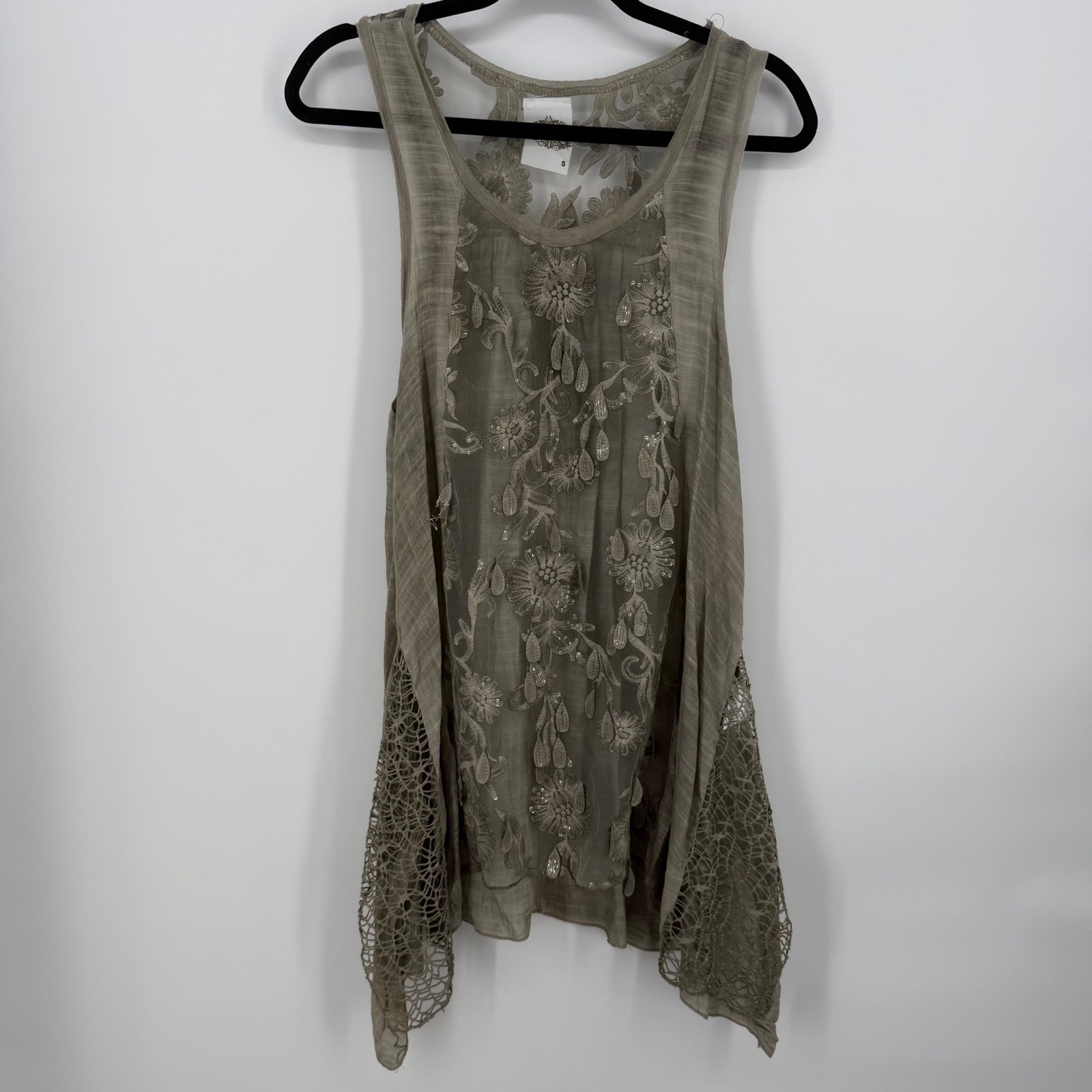 Fleur de Lis Tank Top Women Small Sage Embroidered Sequin Boho Festival Sheer