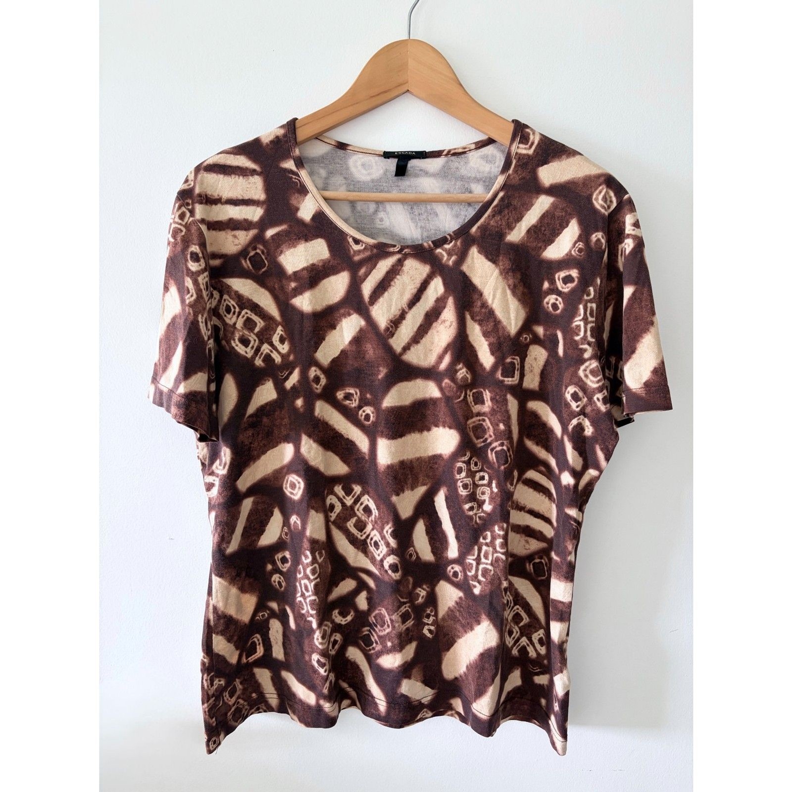 ESCADA Vtg Abstract Geometric Brown Cotton Blend Short Sleeve Top Womens 40 M-L