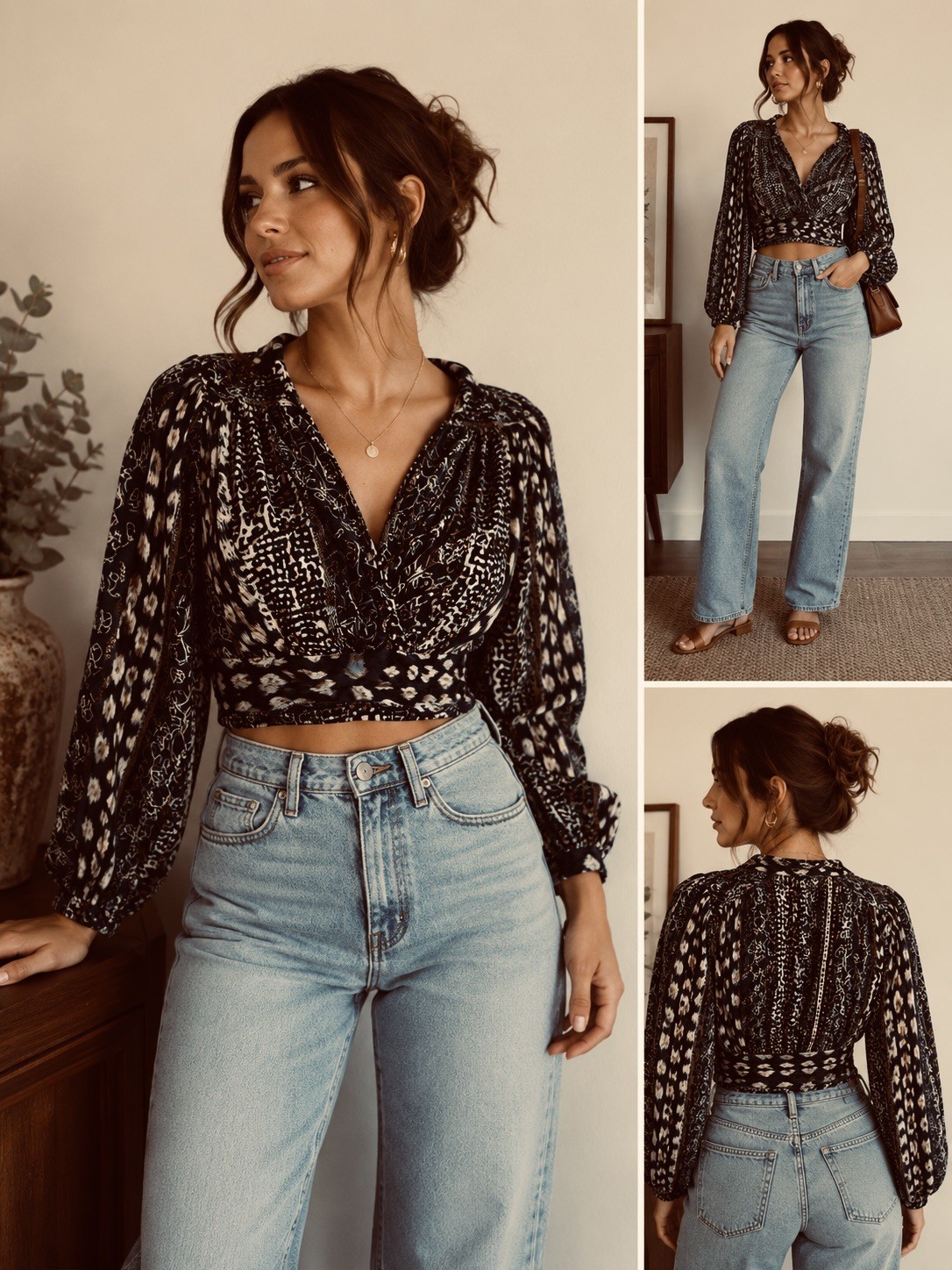 Floral Cropped Smocked Top Tan & Black Hipster Boho Grunge Punk Whimsigoth EUC