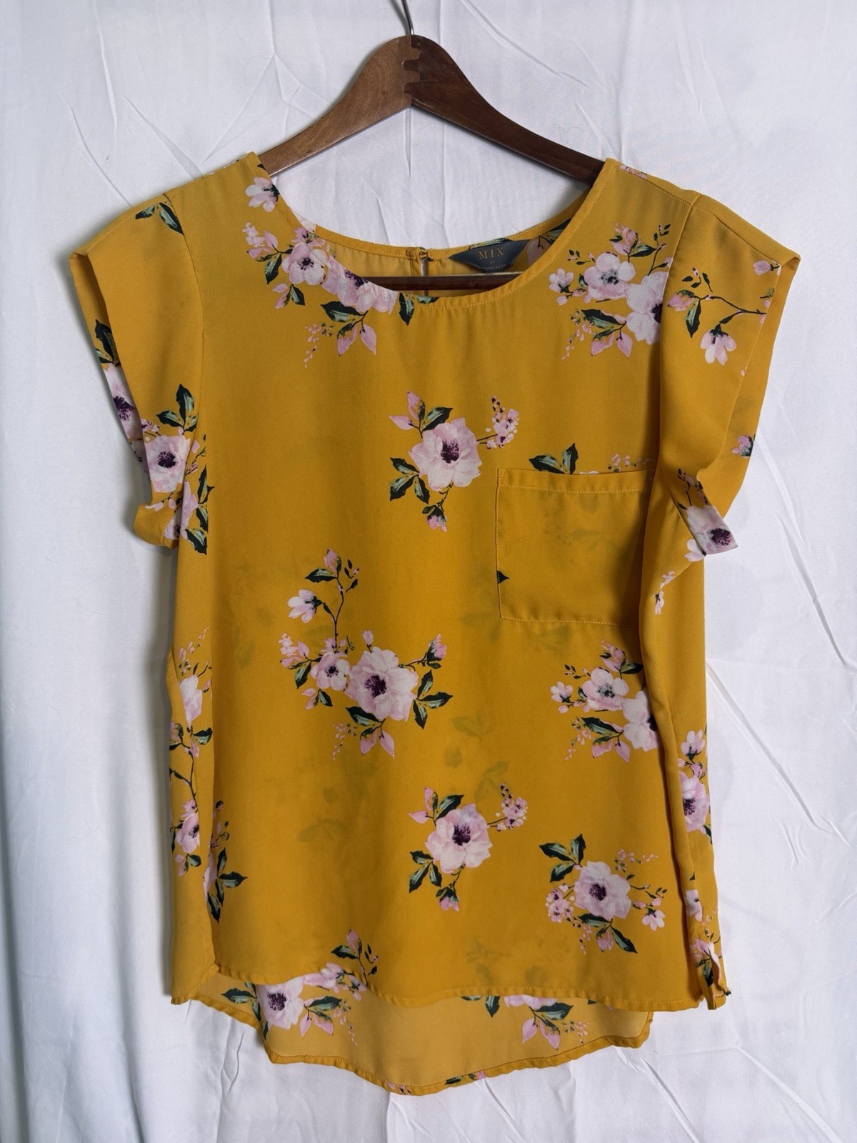Mix By 41 Hawthorn Womens Yellow Floral Short Sleeve Lightweight Blouse Sz L