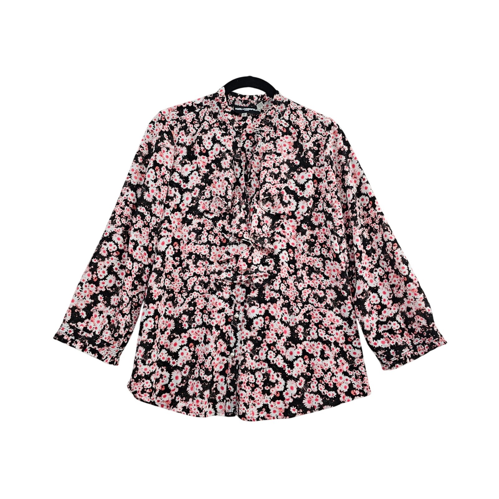 Karl Lagerfeld Paris Floral Blouse Wmns XS Pink Black Daisy Ruffle Pearl Button