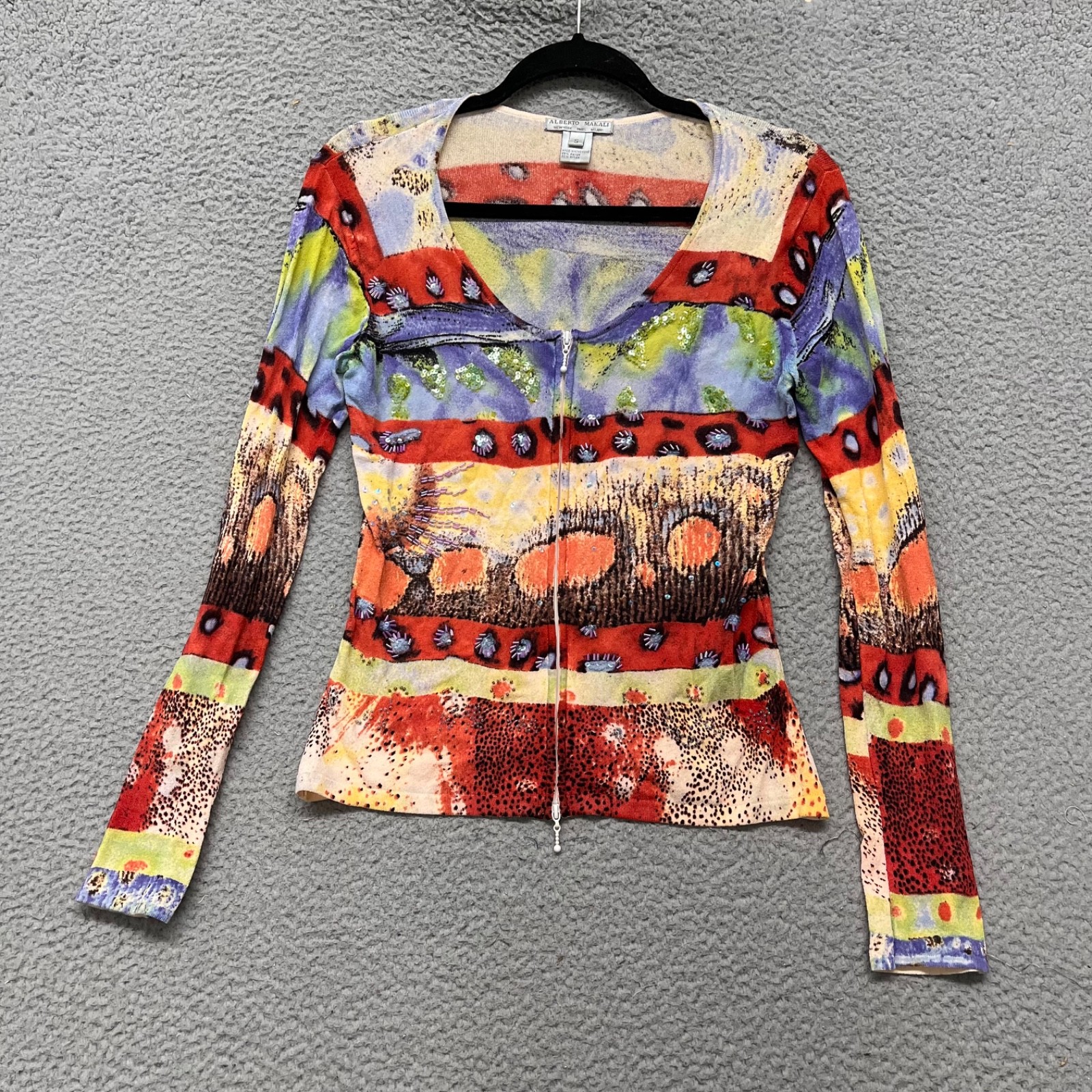Alberto Makali Colorful Beaded Top Womens S Art To Wear Full Zip Y2K Slim Fit