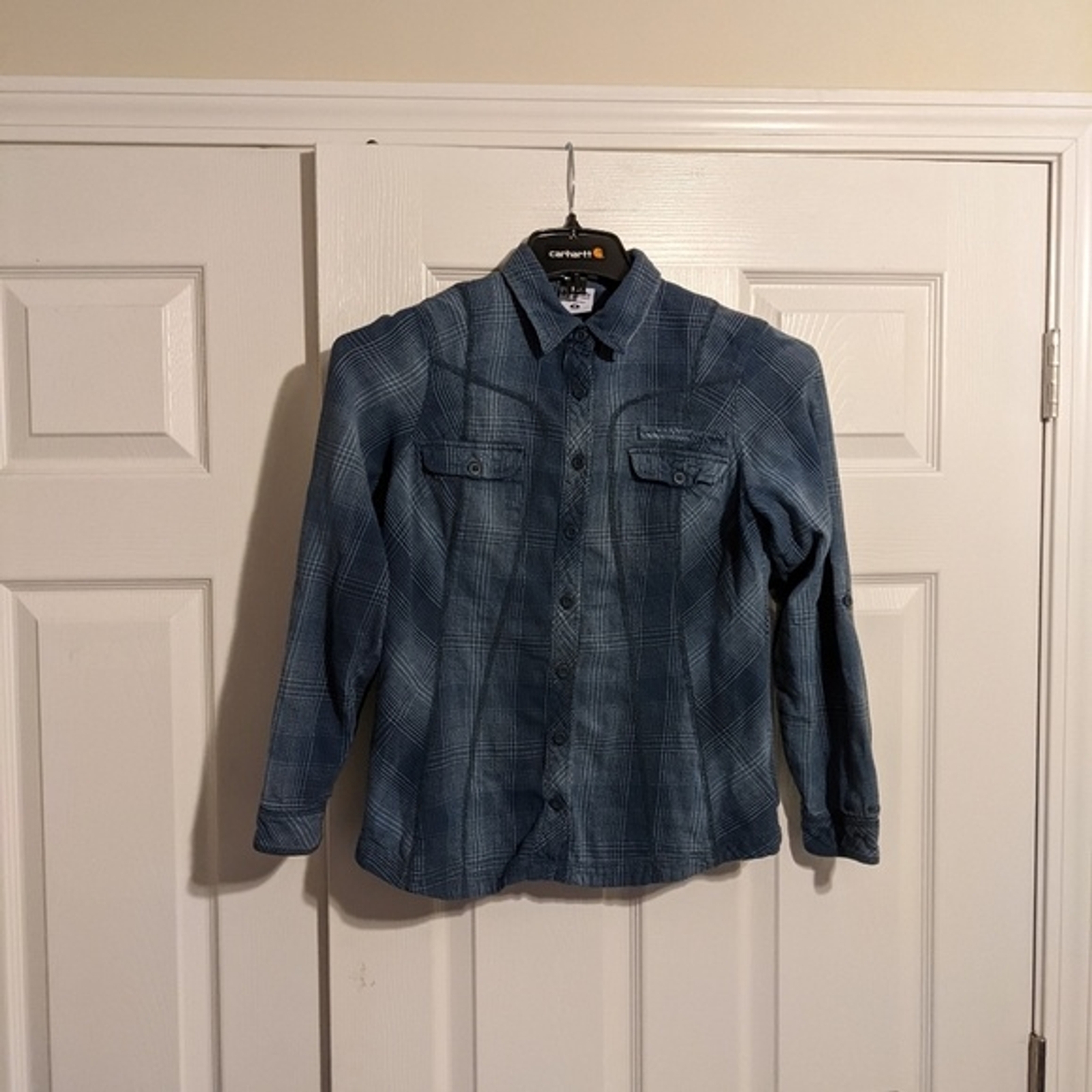 Columbia Womens Medium Plaid Button Up Shirt Blue Long Sleeve Outdoor Hiking