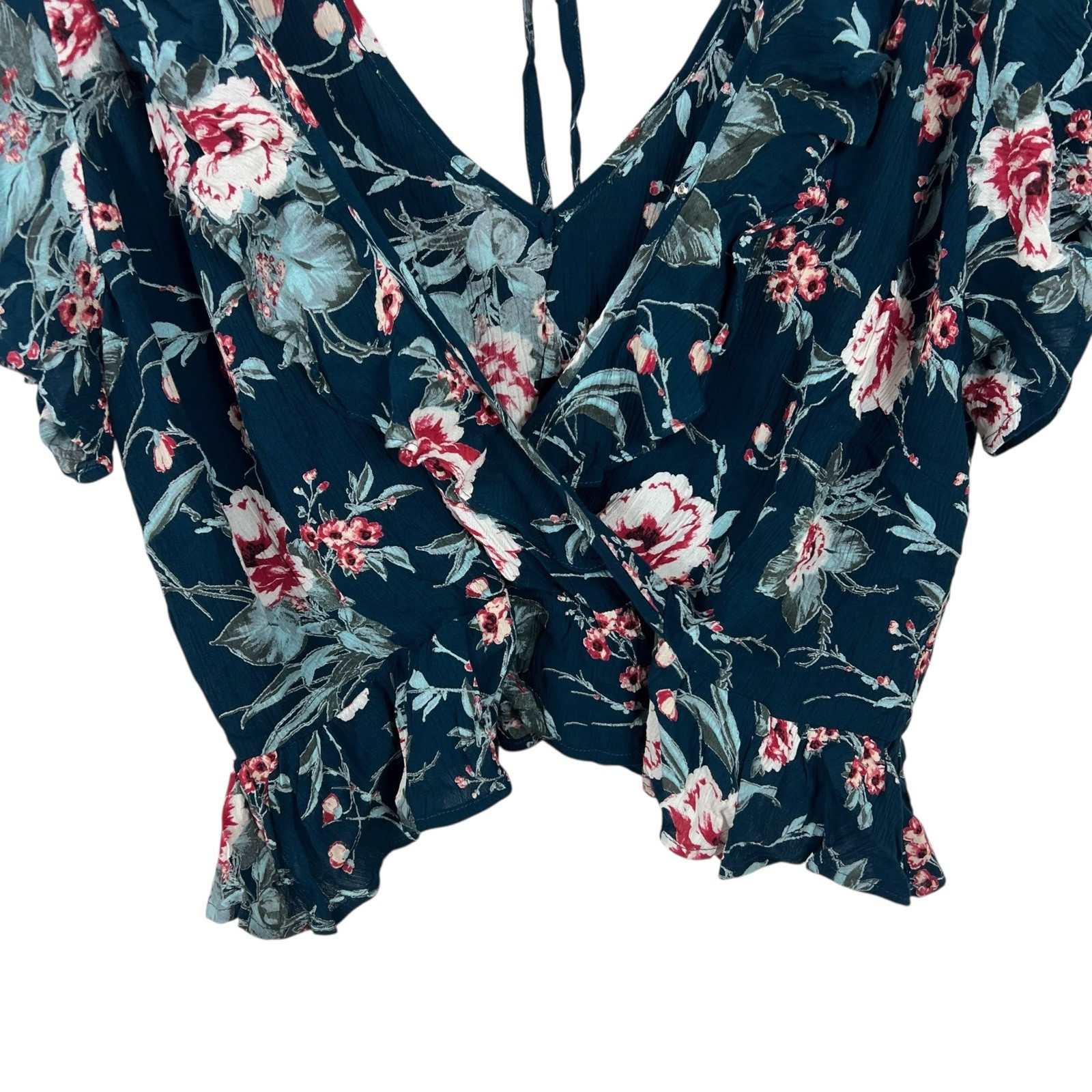 Band of Gypsies Ruffle Wrap Top Teal Blush Floral Woven Crepe Surplice V Neck