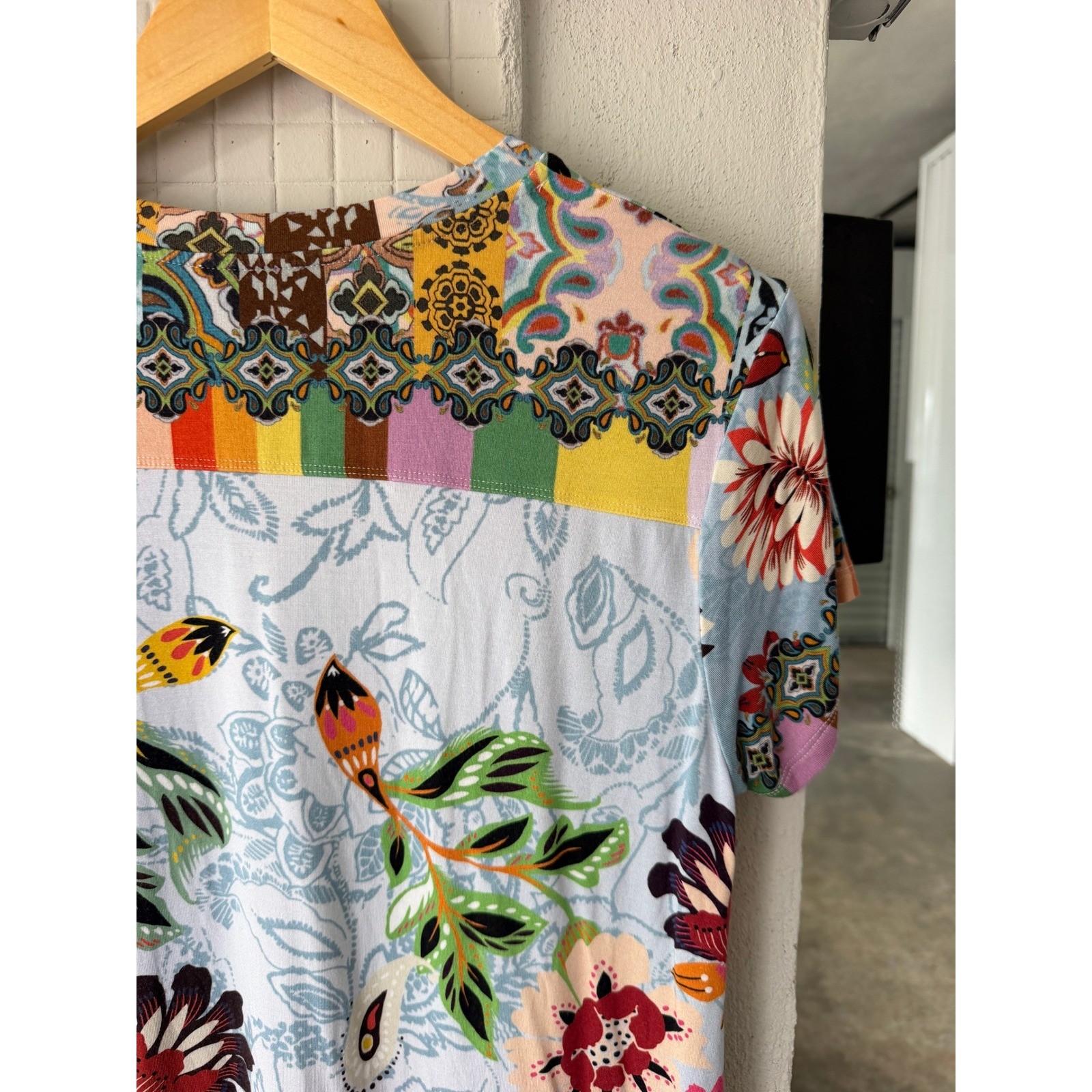 Johnny Was Rainbow Floral Drape Tunic Bamboo Blend V-Neck Top Size S