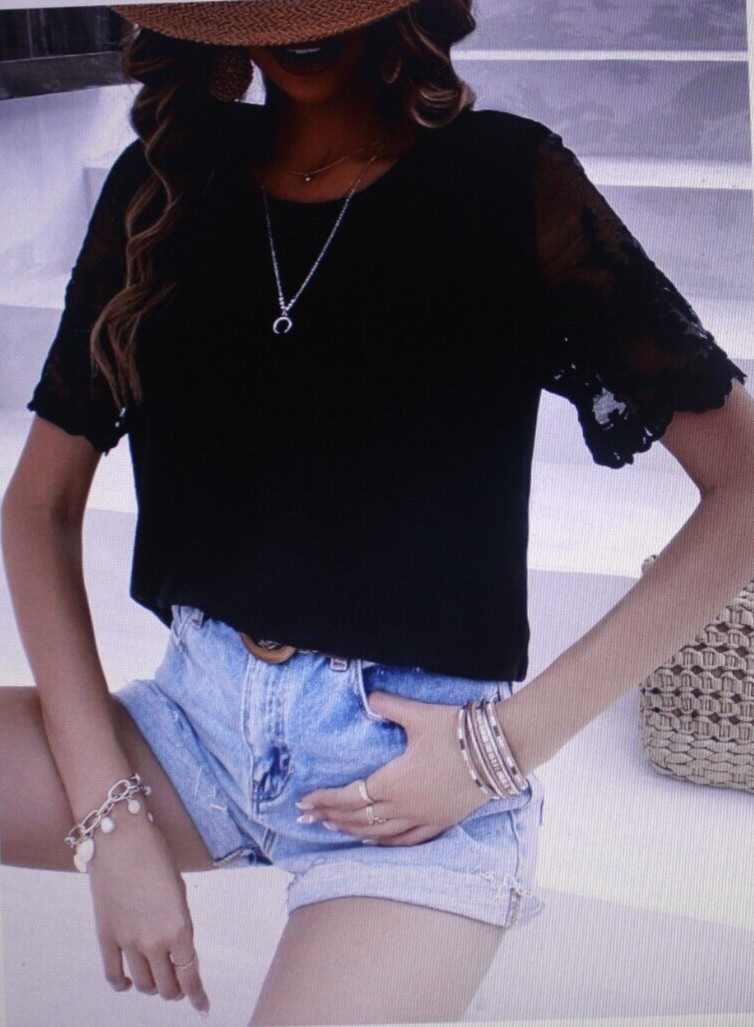 Classy Contrast Lace Sleeve Top Sz L(8/10) Black Pullover Casual or Dressy NWT