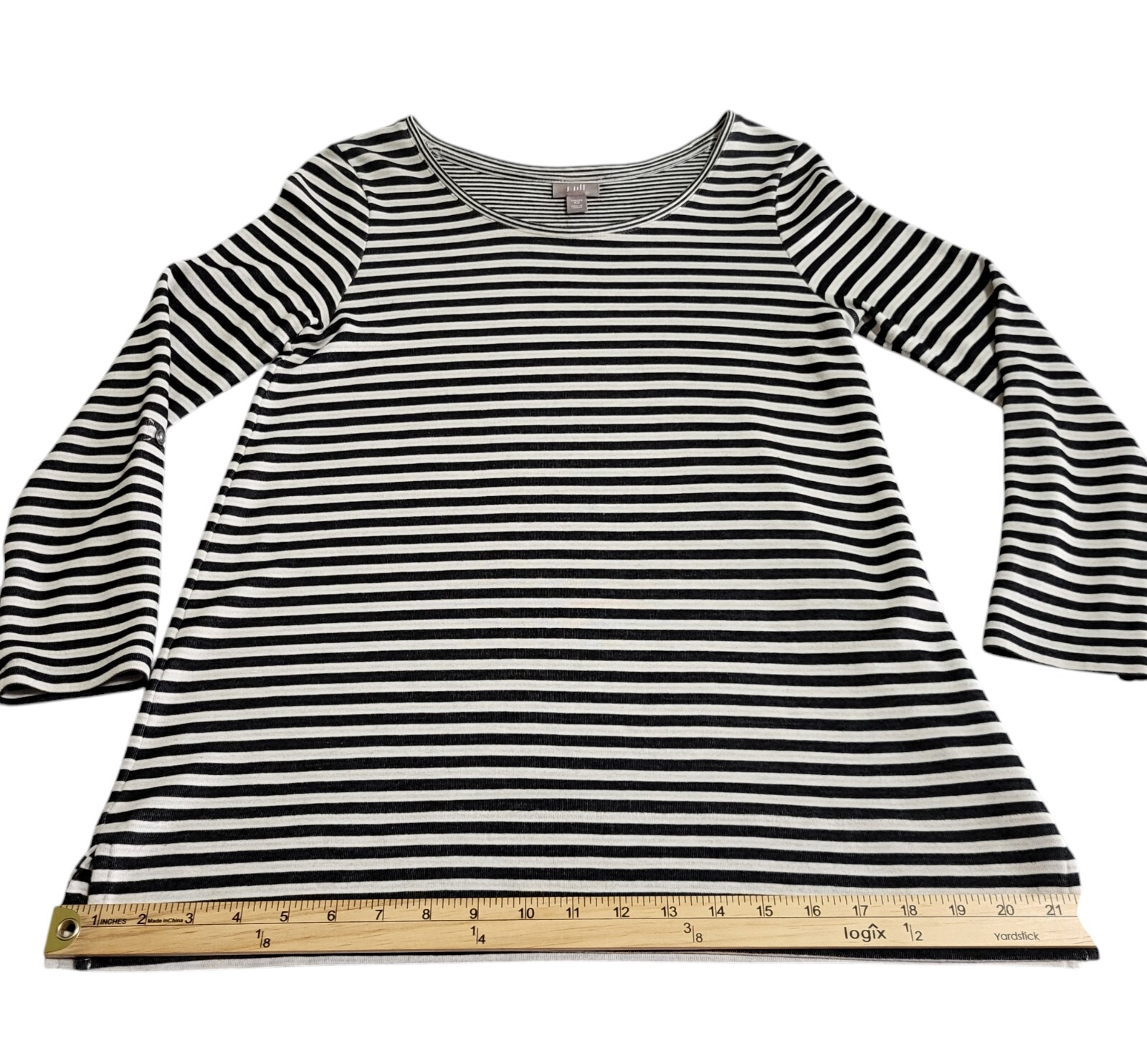 J Jill Stretch Top T-Shirt Size XS Black White Stripe Scoop Neck Roll Tab Sleeve