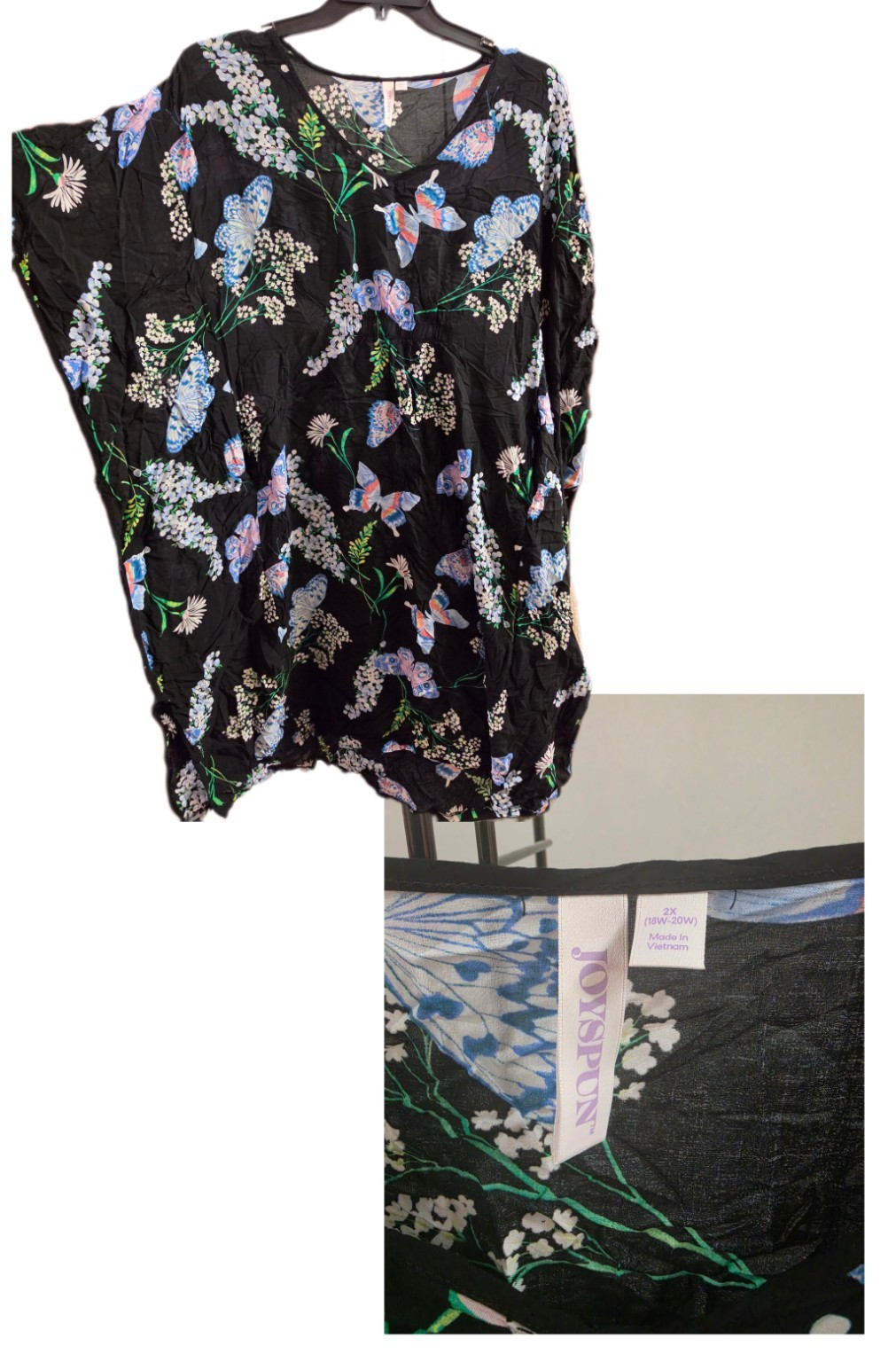 Joyspun Women’s Black Floral Butterfly Scoop Neck Pullover Blouse Plus 2X