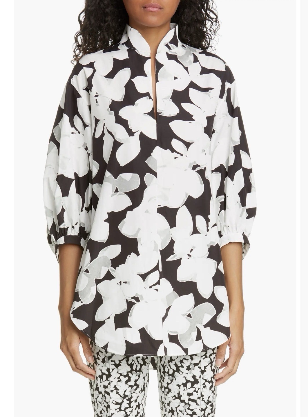AKRIS punto. Magnolia Print Puff Sleeve Cotton Poplin Tunic Size 6