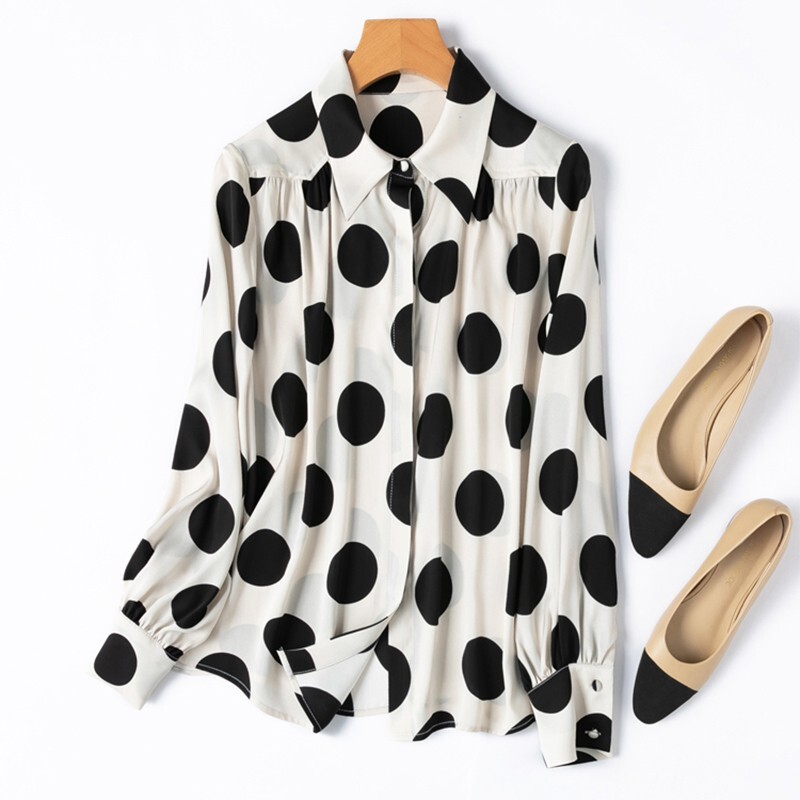 100% Natural Silk Women Polka Dots Long Sleeve Shirt Buttons Up Top Blouse M1263