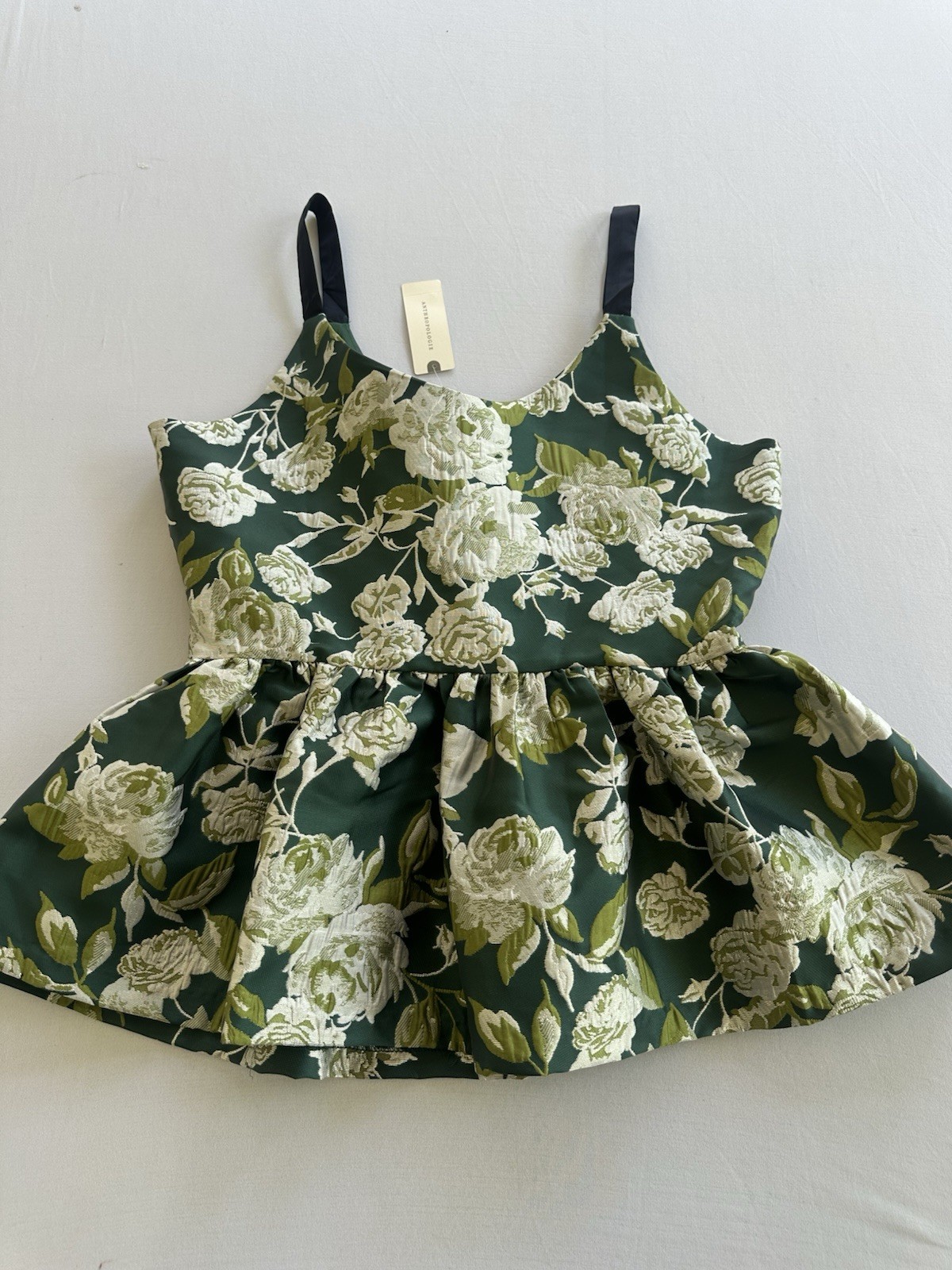 Anthropologie Olive, Green Floral Brocade Shimmer Sleeveless Peplum Top Sz M
