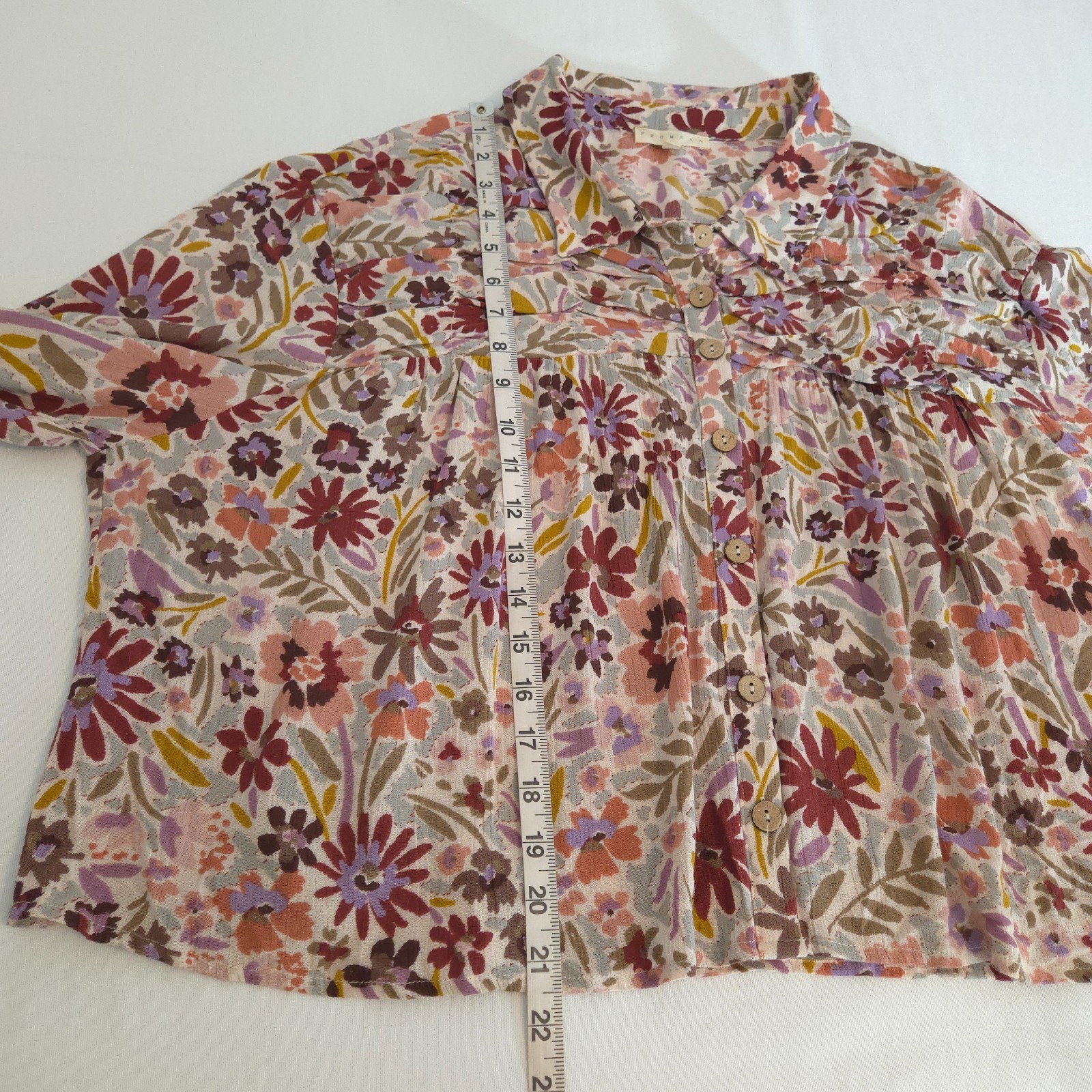 Promesa Women’s Boho Floral Print Blouse Button Front Boxy Long Sleeves Size L