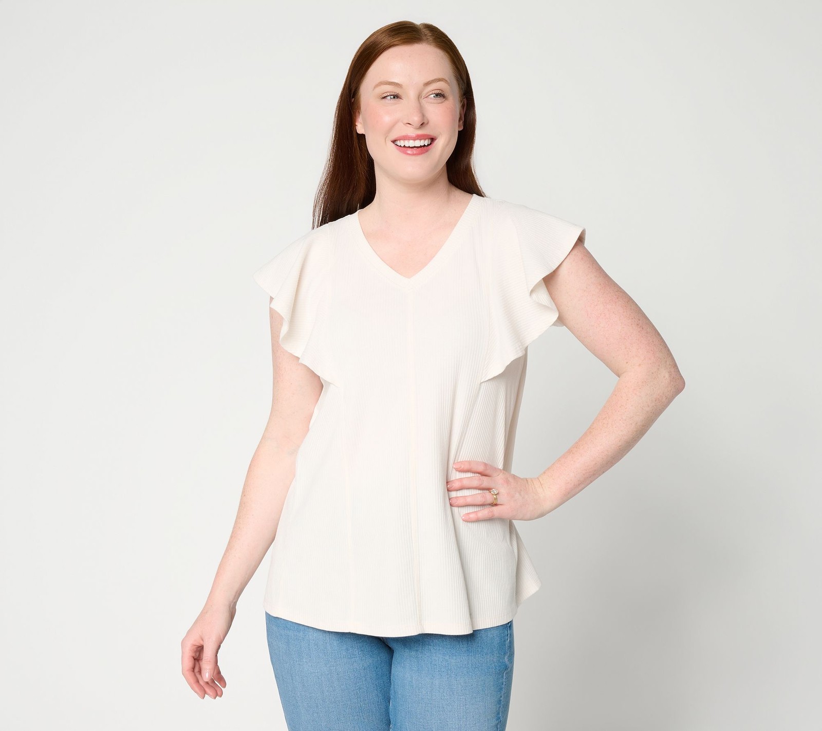 LOGO by Lori Goldstein Flutter Sleeve Knit Ribbed V-Neck Top Whisper White S New