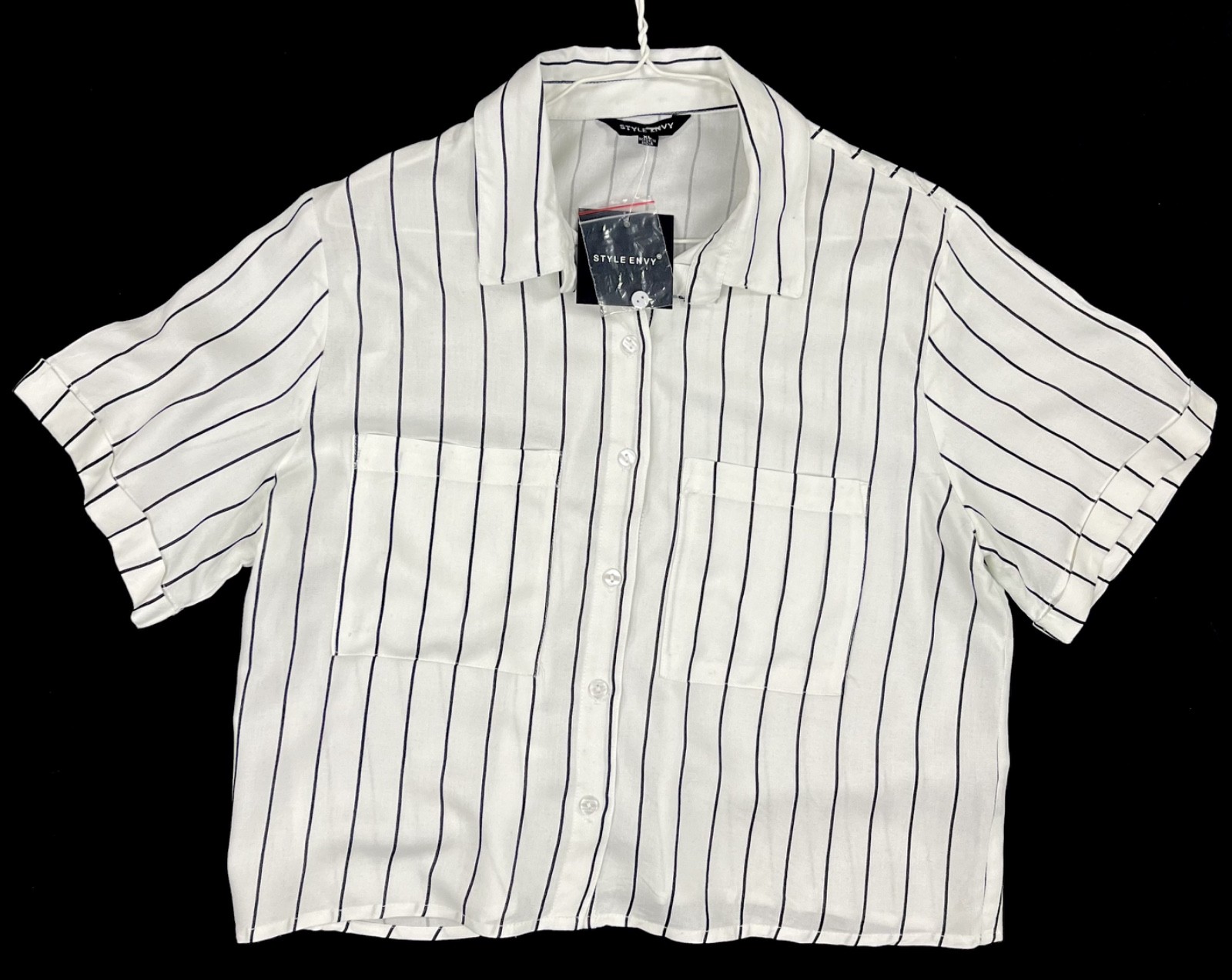 NWT Style Envy XL Women Ivory Black Stripe Short Sleeve Button Down Shirt Rayon
