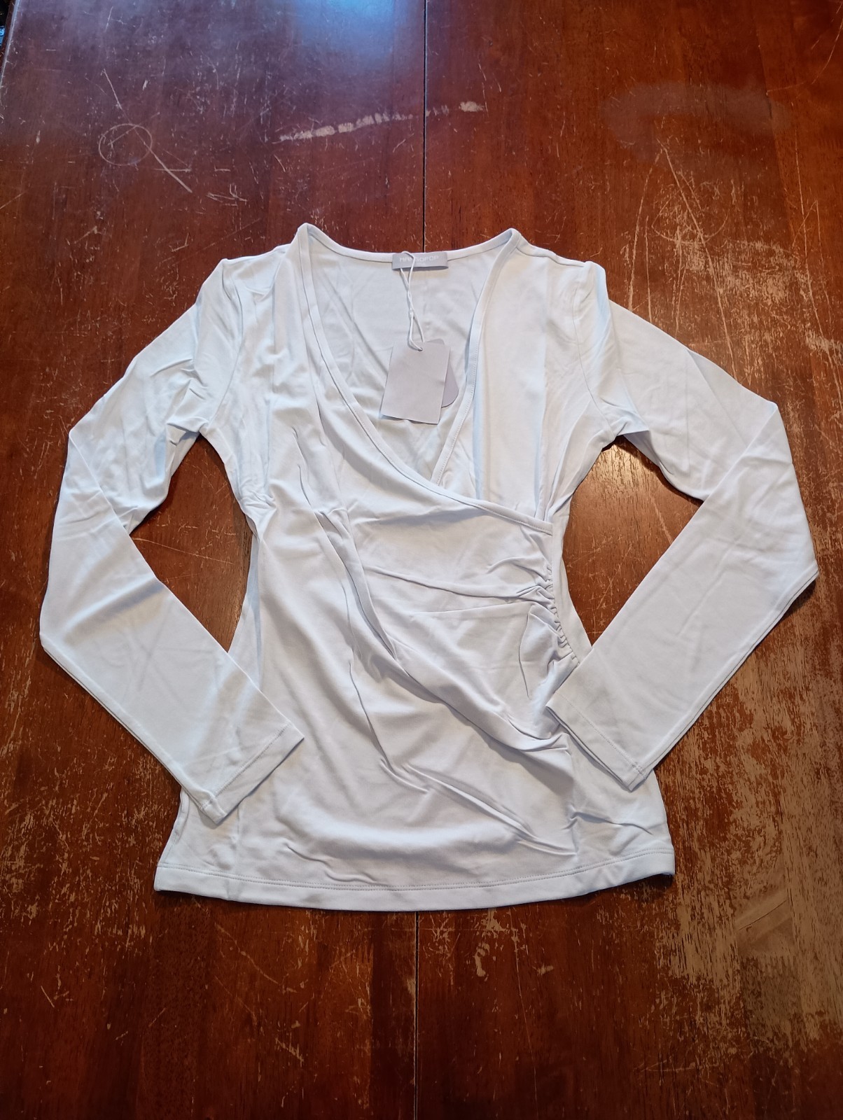 MANGOPOP Women’s White Deep V Neck Wrap Front Long Sleeve Blouse Top Size XS