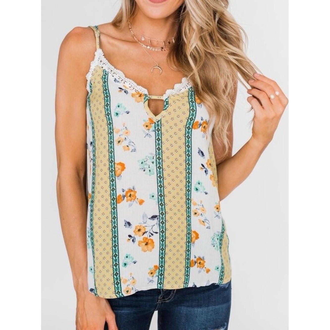 Floral Lace Trim Keyhole Tank Top Yellow – Pulse Boutique Promesa – Size L