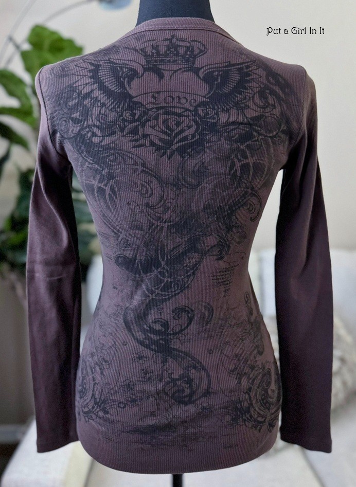 New VOCAL Womens CRYSTAL OLD SCHOOL BROWN WINGS ROSE HEART TATTOO SHIRT S M L