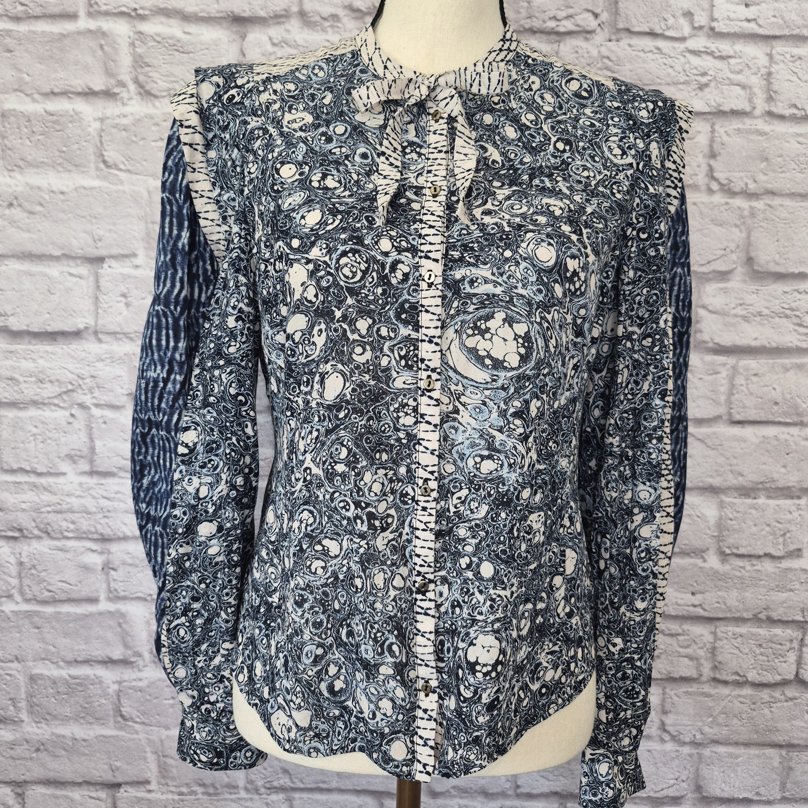 Ulla Johnson Nara Top Patchwork Indigo Blue Cream Print Button Front Size 6
