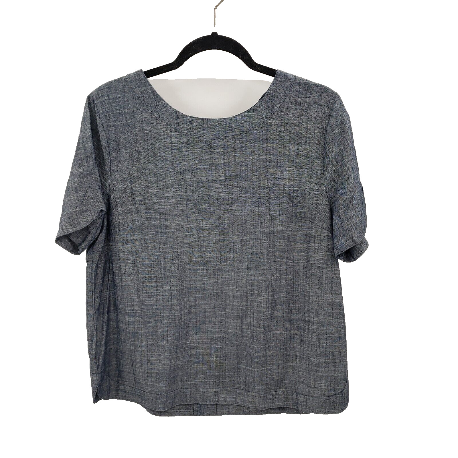 One Clothing Denim Blouse Womens Large Zip Up Back Short Sleeve Blue Top