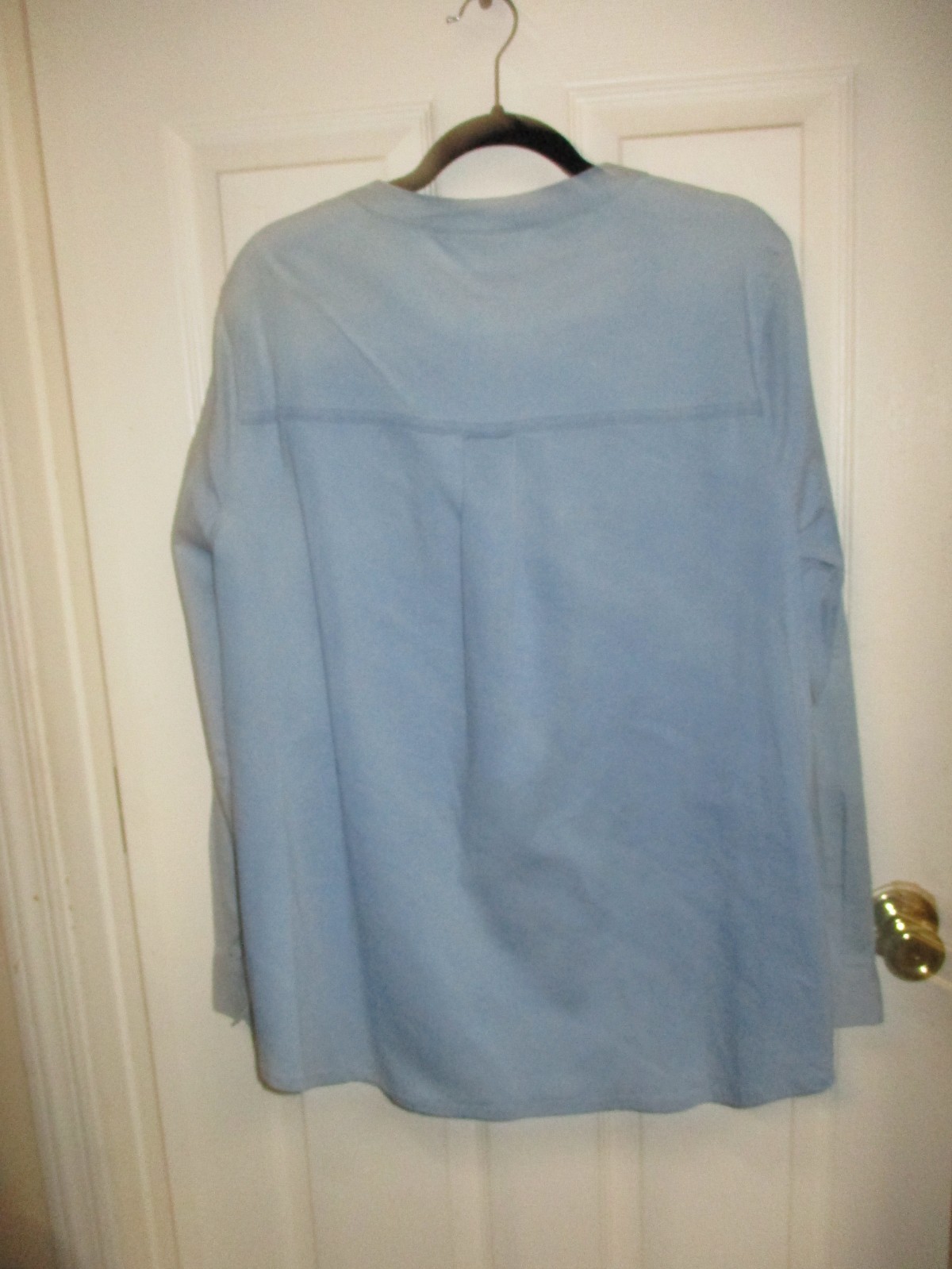 Belle Kin Gravel Blouse Blue Denim Long Sleeve Button Top Collarless Pockets- L