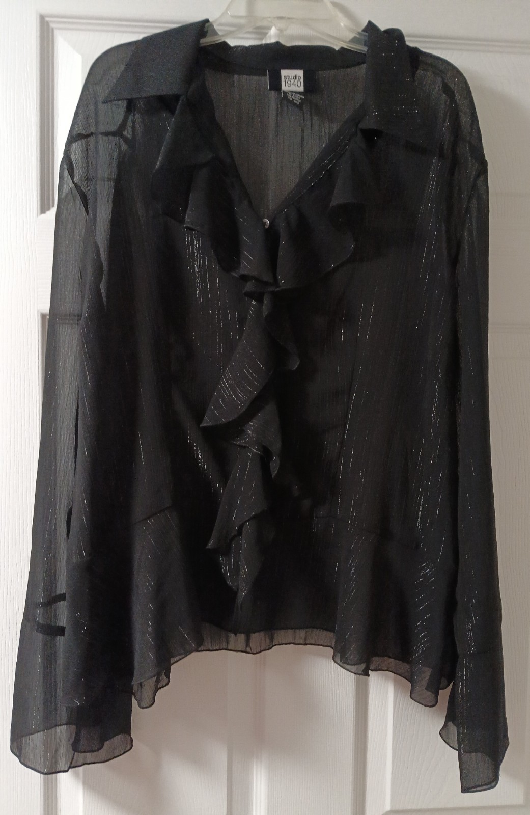 Studio 1940 Black Sheer Thin Metallic Stipes Ruffled front blouse Size Large