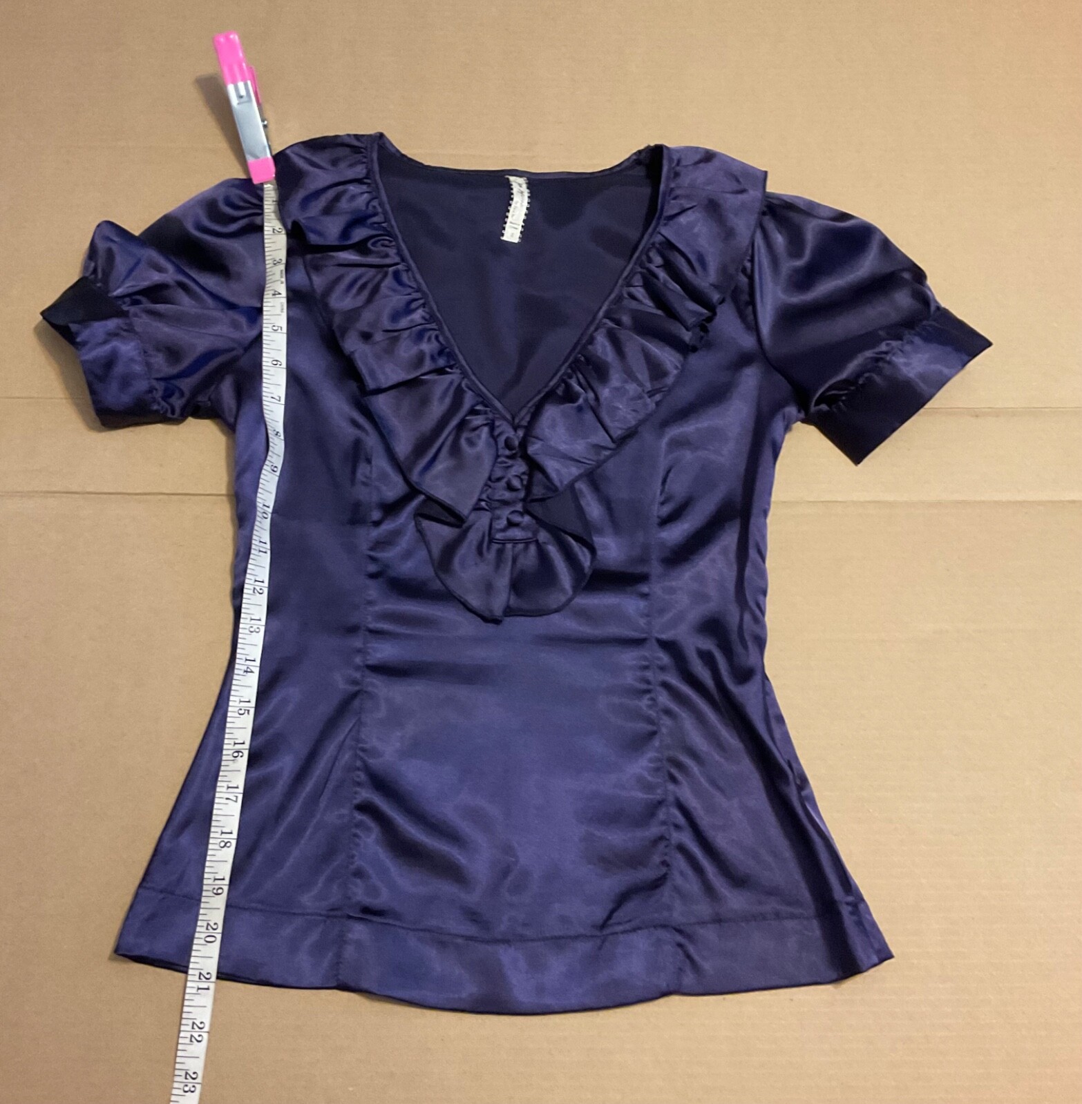 Goth Edwardian Victorian Style Short Sleeves Ruffle Shiny Purple Blouse Top Sz S