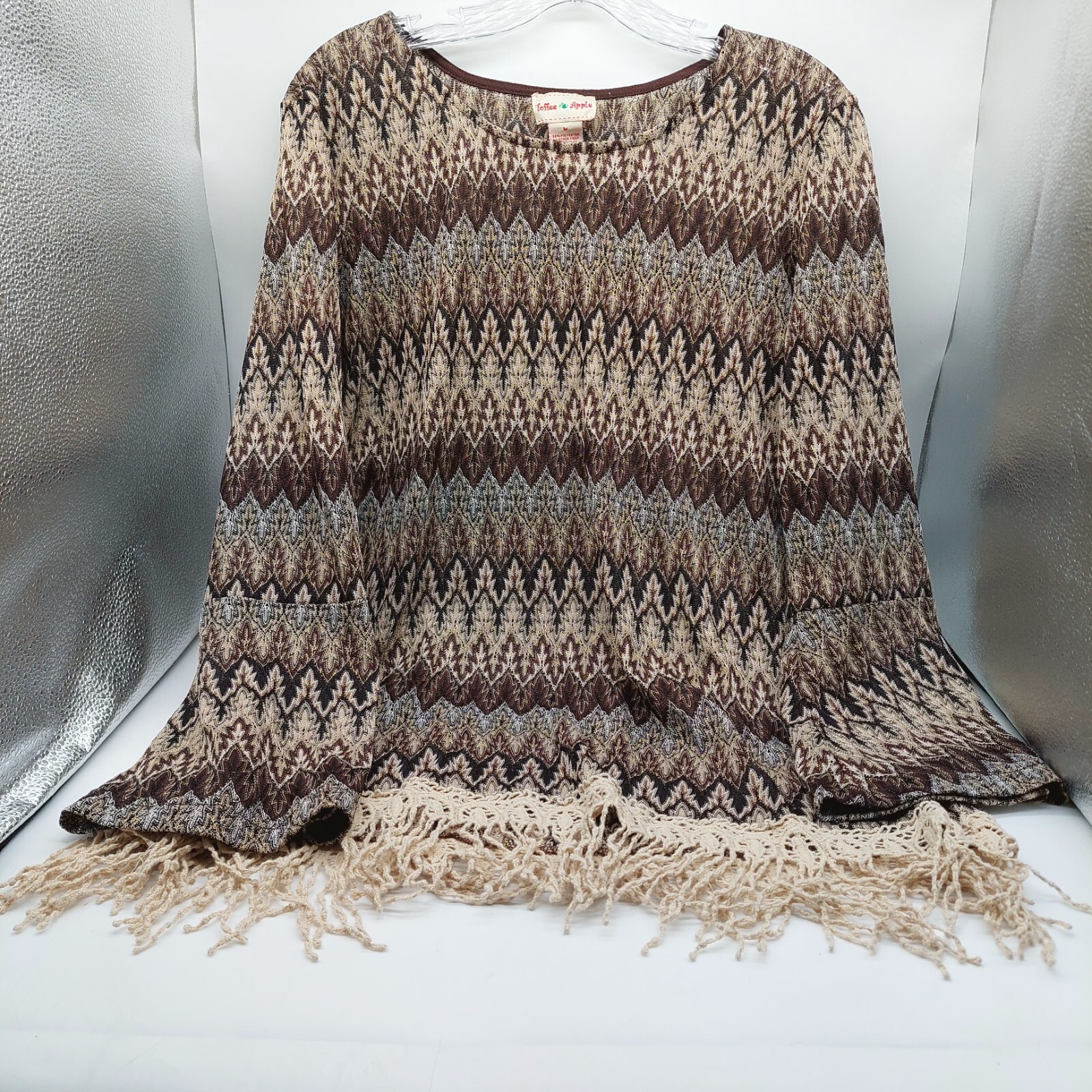 Toffee Apple Shirt Brown Women Size Medium Fringe Herringbone Pattern