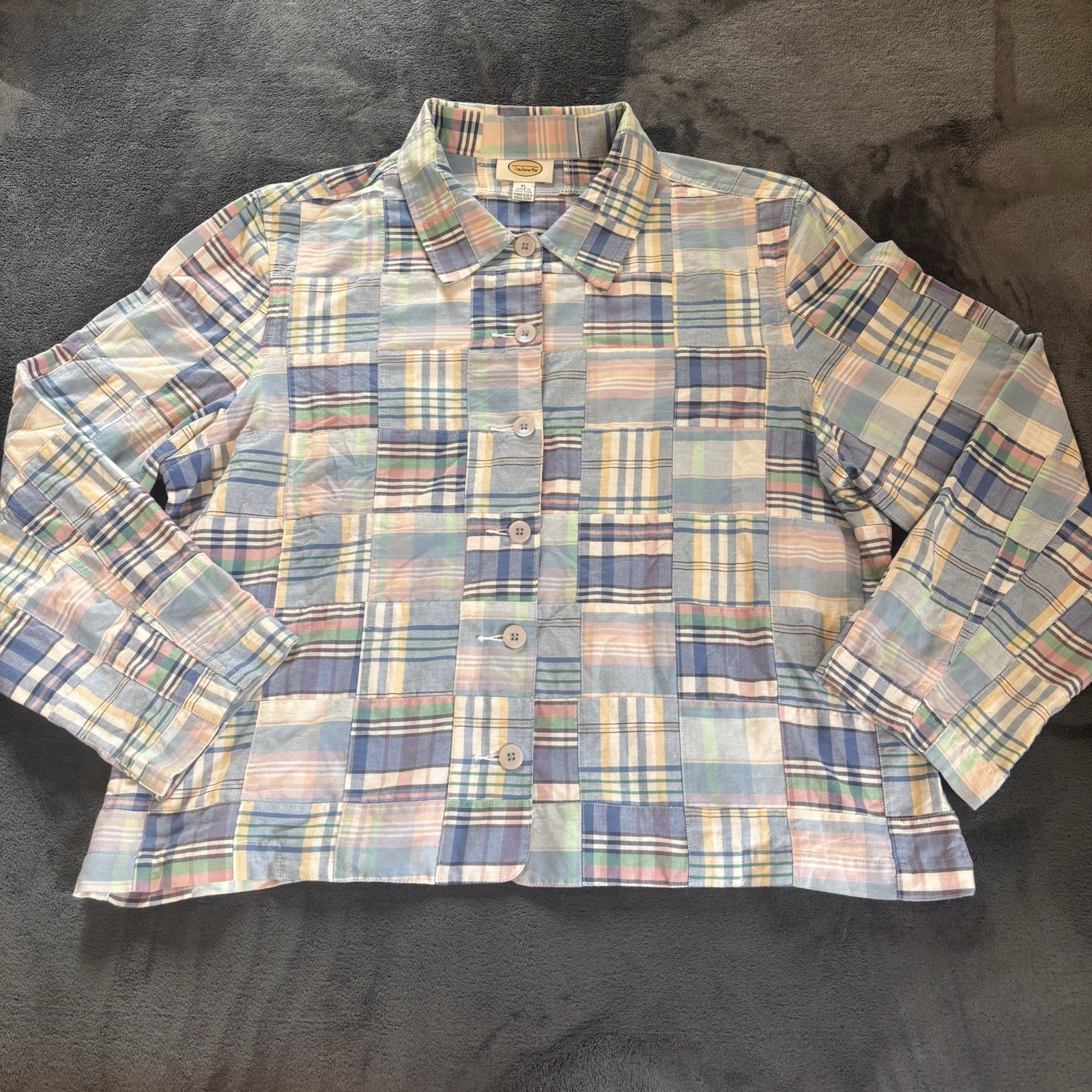 Vintage Talbots Madras Button Up Top XL Patchwork Color Block 100% Cotton Preppy