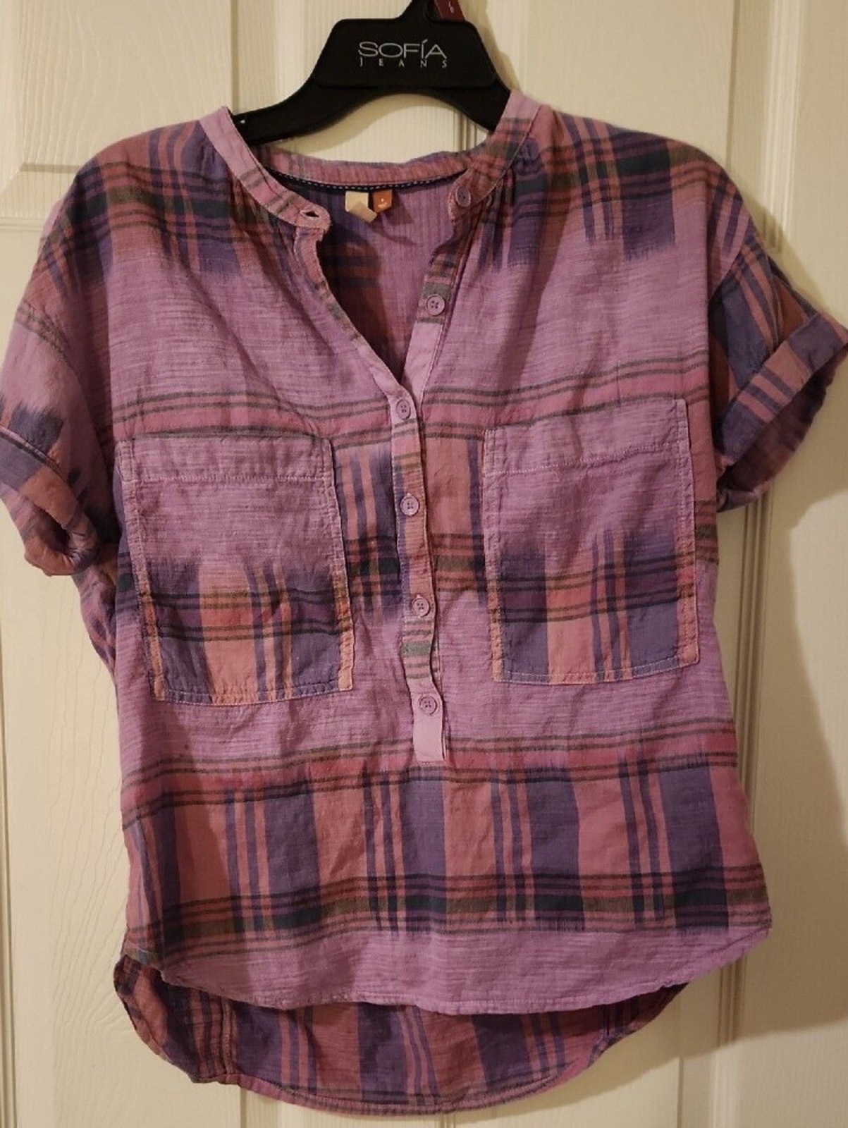 Pilcro Purple Plaid Button-Front Summer Cotton Top Sz S