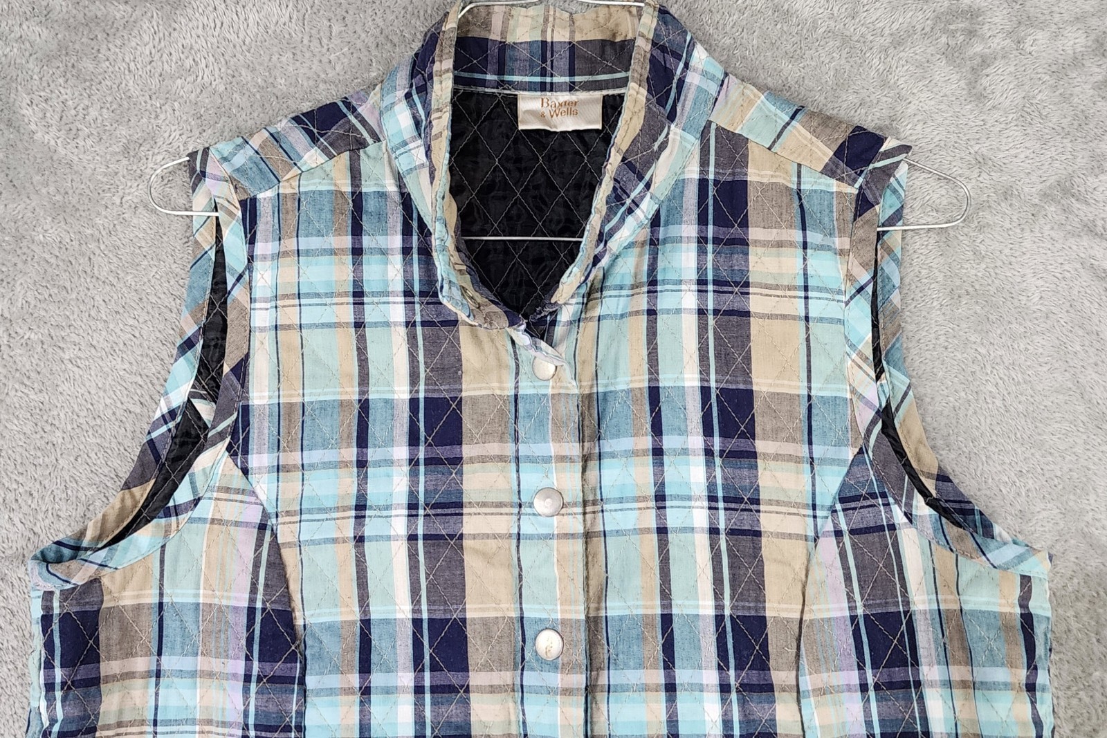 Baxter & Wells Vest Womens Medium Blue Plaid Snap Button Quilted Vintage Top